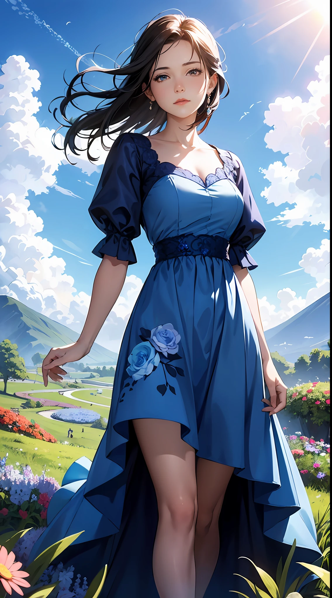 A woman in a blue dress，Blue sky and clouds in background, wearing blue dress，There are flowers on it, Art germ, Rosla global lighting, a detailed painting, Fantasy art