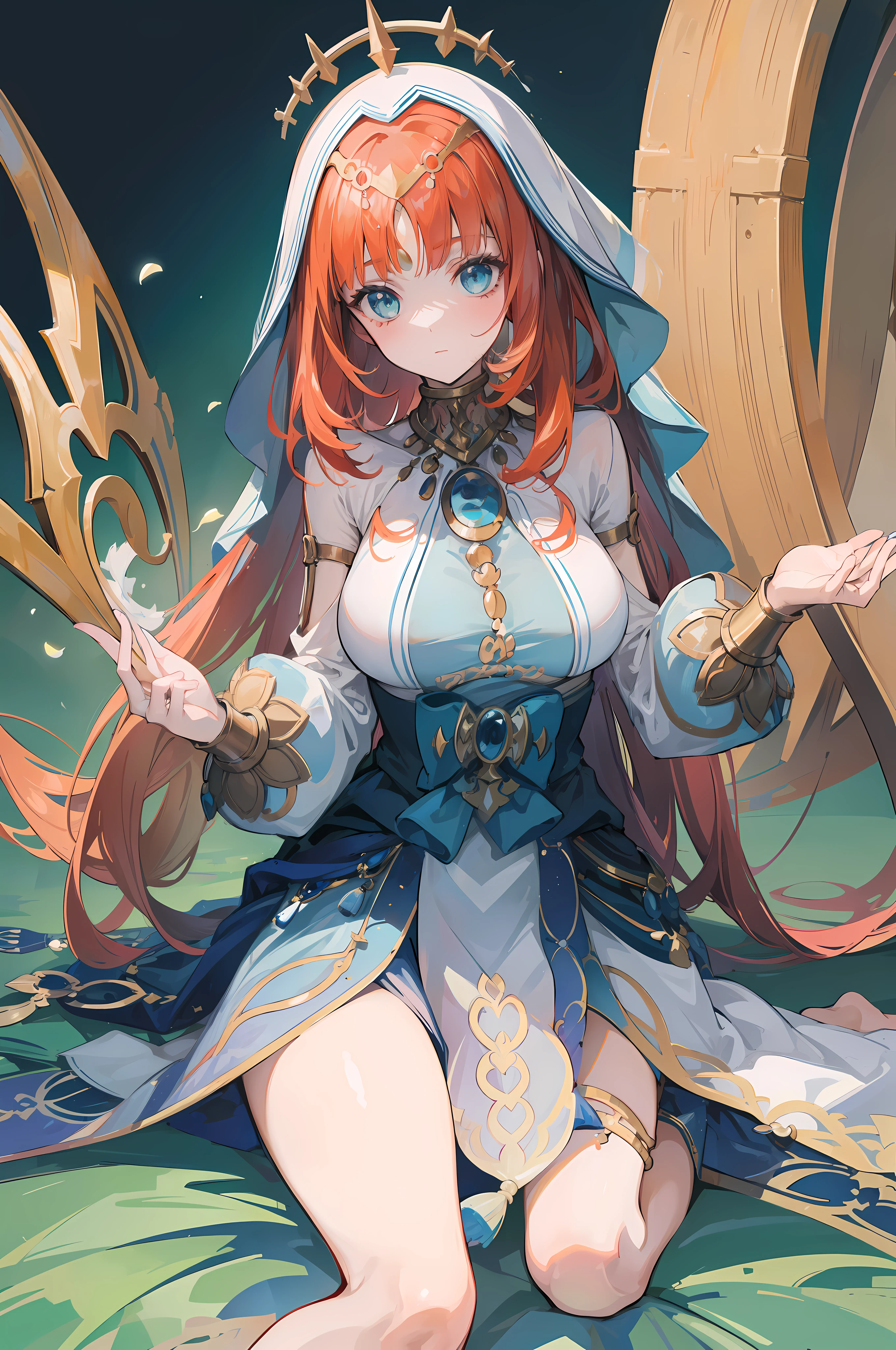 (Masterpiece), Best quality, yeux expressifs, visage parfait,W session, w assis par terre, bras entre les jambes, les deux bras entre les jambes, anime character,Impact de Genshin,femme,Nilou (Impact de Genshin),grosse poitrine, bonne poitrine,hands between legs, H-cup