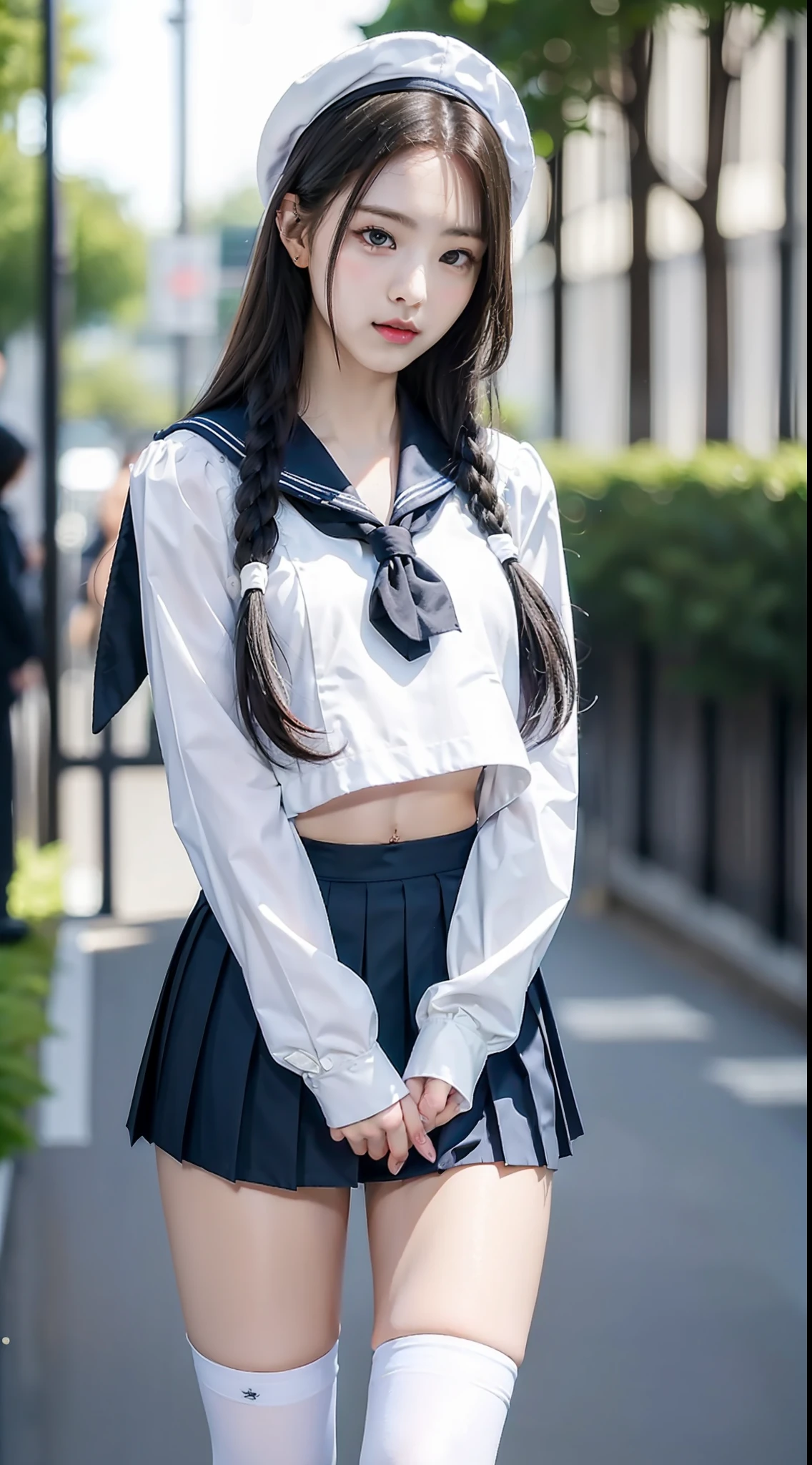 top-quality、masterpiece、1 girl in、A slender、small tits、a sailor suit、hyperdetailed face、Detailed eye、二重まぶた、Black pleated skirt、knee high socks、full bodyesbian、without background、Beautiful abs、Navel