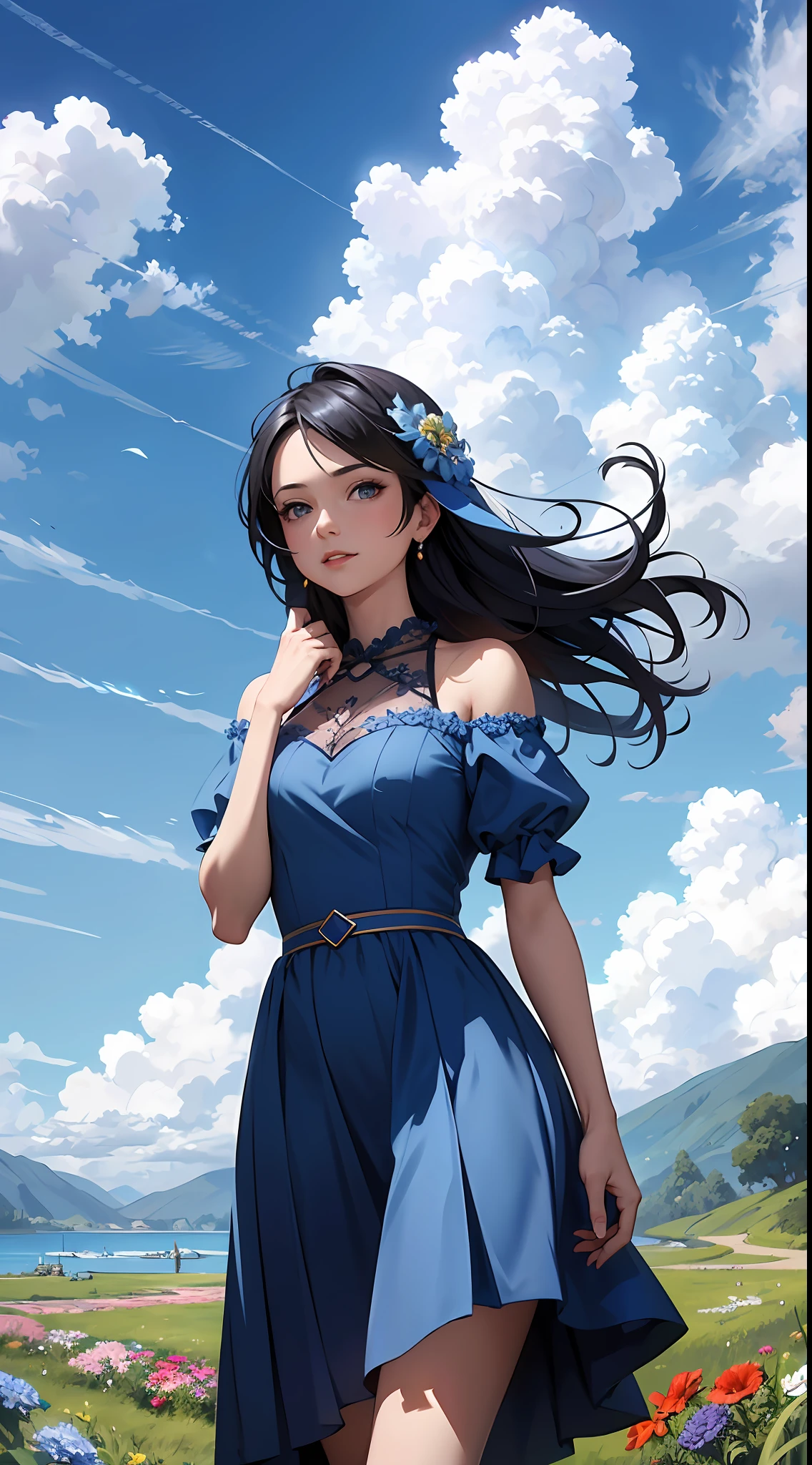 A woman in a blue dress,Blue sky and clouds in background, wearing blue dress,There are flowers on it, Art germ, Rosla global lighting, a detailed painting, Fantasy art