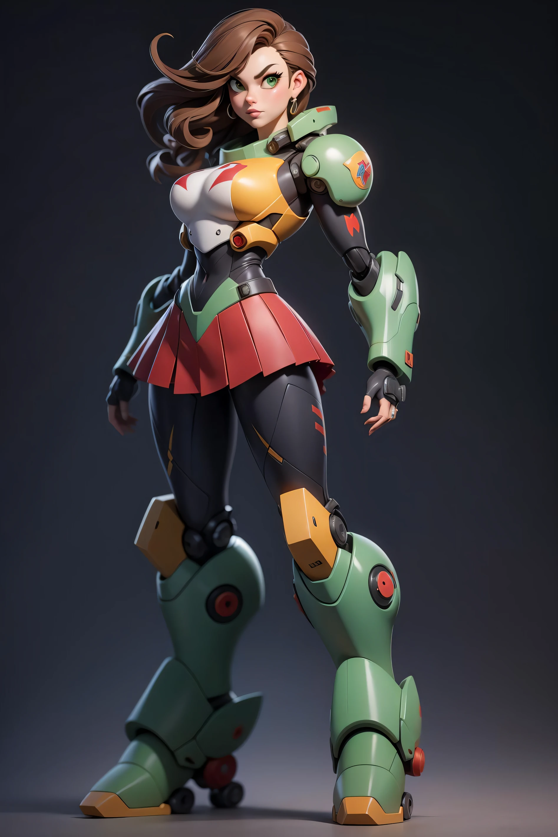 mj3d style,3dmm,3d, Photo of a nerdy woman standing infront of an exceptionally large heavy mecha in the background. super_mecha in the background, (22 years old woman), medium breast, small waist, brown hair, green eyes, perfect illumination, beautiful detailed, full body, pleated skirt, long boots, blurry. super_mecha,