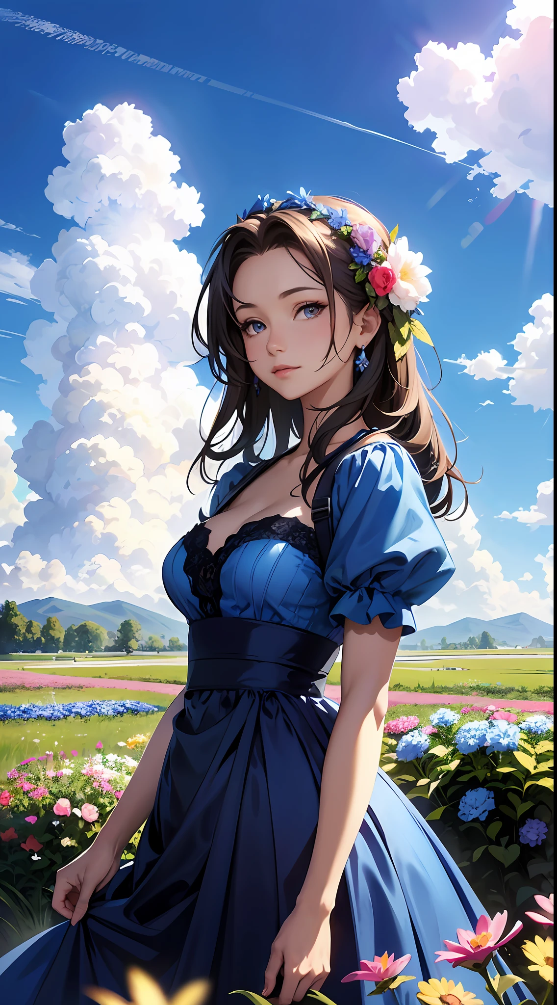 A woman in a blue dress,Blue sky and clouds in background, wearing blue dress,There are flowers on it, Art germ, Rosla global lighting, a detailed painting, Fantasy art