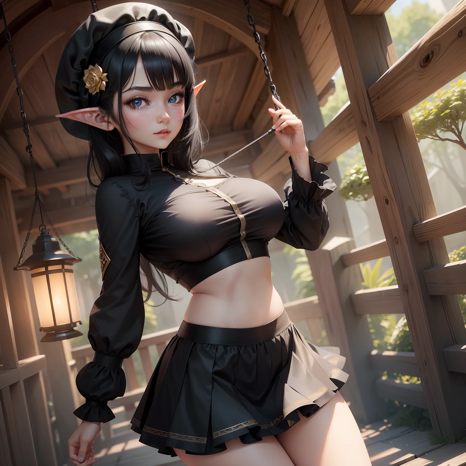 1 girl,Black hair,黑The eye,swing,Best quality,big breasts beautiful,Lantern skirt,rays of sunshine,tmasterpiece,best qualtiy,highly detailed,mesmerizing eyes,calm expression,8K,realisticlying,No hat,Elf quality,The characters are small