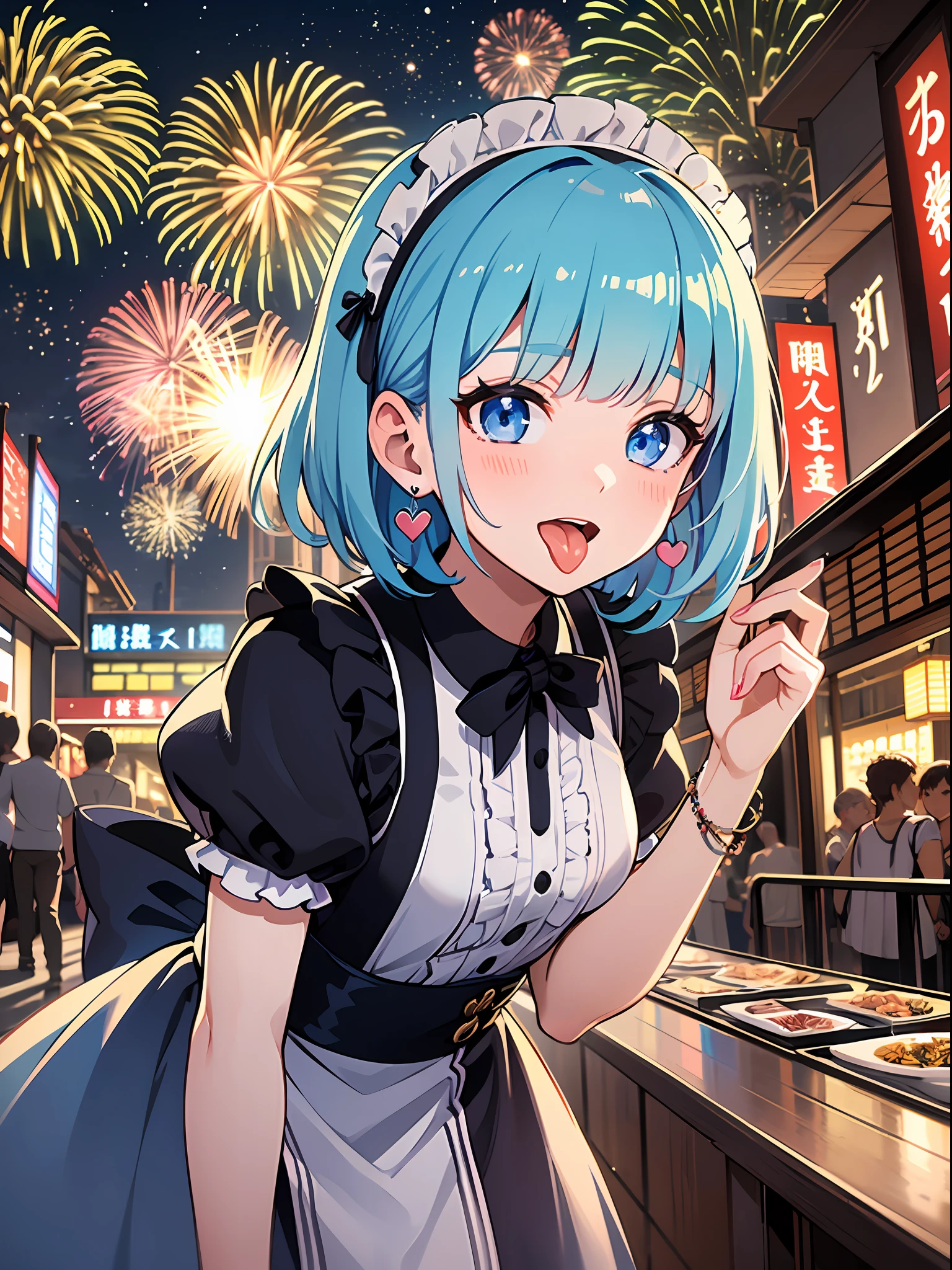(masterpiece:1.3), (best quality:1.3), high resolution, 


couboy shot, 
leaning forward, body facing forward, 

(one cute girl:1.3), solo, 
white skin, small Breast, eight-headed person, 
light blue hair, (bobbed hair:1.2), (short hair:1.2), (blunt bangs:1.2), beautiful hair, blue eyes, beautiful detailed eyes, 

(tongue out:1.3), blush, open mouth, heart, cheerful smile, 

maid, frill, earrings, 

outdoors, (night:1.2), Fireworks in the night view, summer festival, natural park, japanese style town, 

shadowlighting,