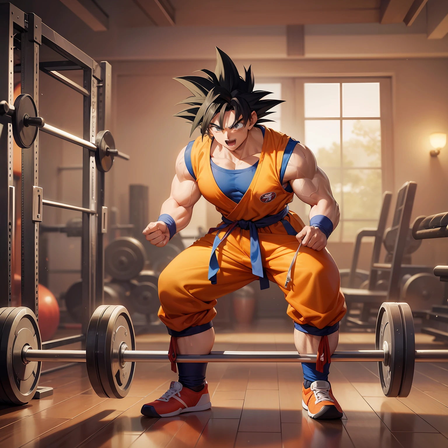 "Descreva uma imagem de uma academia comum, onde o personagem de Dragon Ball, Son Goku, is training at the center. He is trying very hard to achieve his goal in a determined way, wearing his classic anime outfit. Ao seu redor, there are weight training equipment and weights. Goku is showing determination and sweat while performing challenging exercises. His posture shows him standing showing his right biceps and his face reflects happiness and satisfaction.. Other gym-goers are present, motivated to achieve their goals. A luz do sol ilumina o ambiente, criando uma atmosfera energizante. Create an image that represents Goku's effort and persistence during his training journey, keeping him in his classic anime outfit."