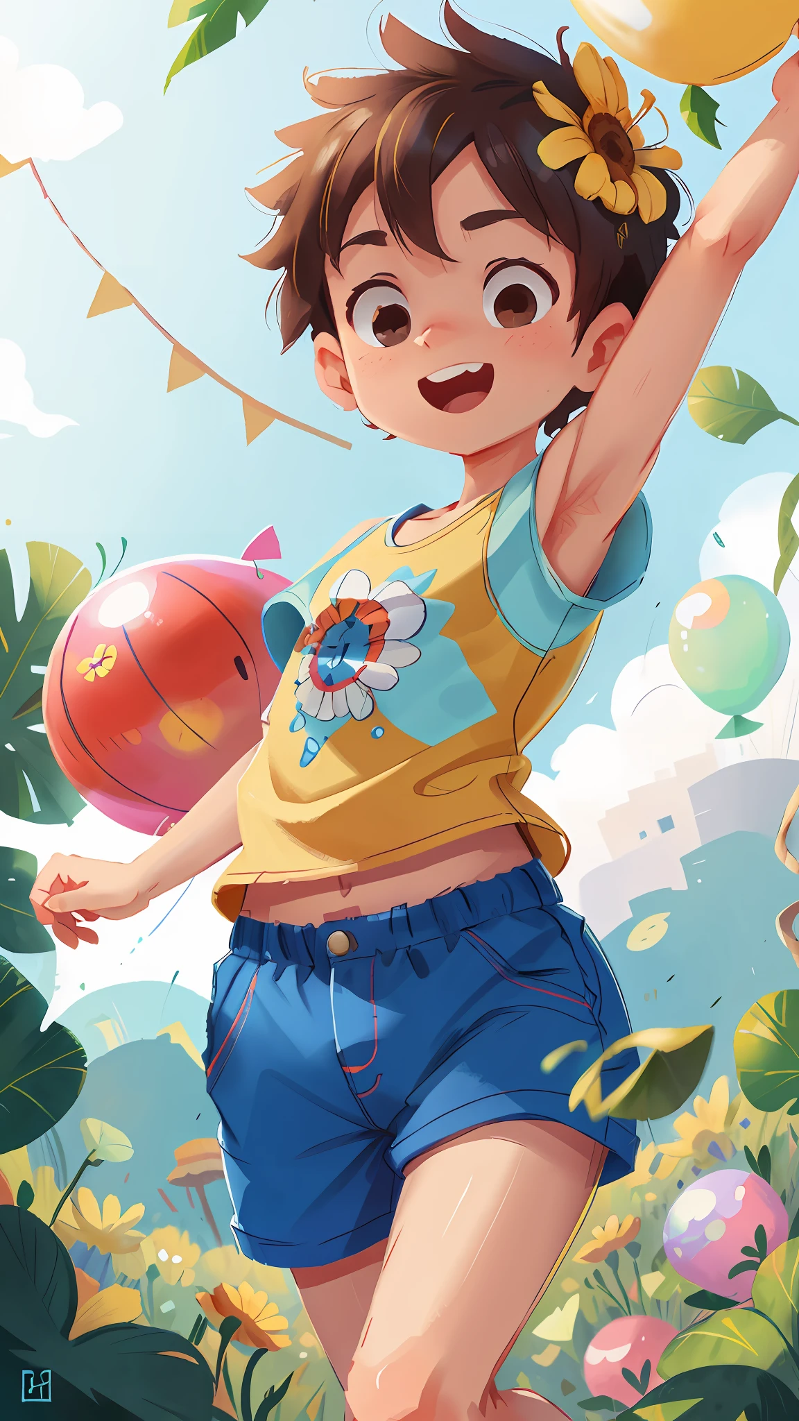 A boy holding baloon, colorful balloons floating in the sky, wearing short pants and tanktop, showiing armpit, looking at viewer, meadow, dancing, holding flowers, happy, happy, perfect quality, clear focus (clutter-home: 0.8), (masterpiece: 1.2) (Realistic: 1.2) (Bokeh) (Best quality) (Detailed skin: 1.3) (Intricate details) (8K) (Detail Eyes) (Sharp Focus), (Happy)