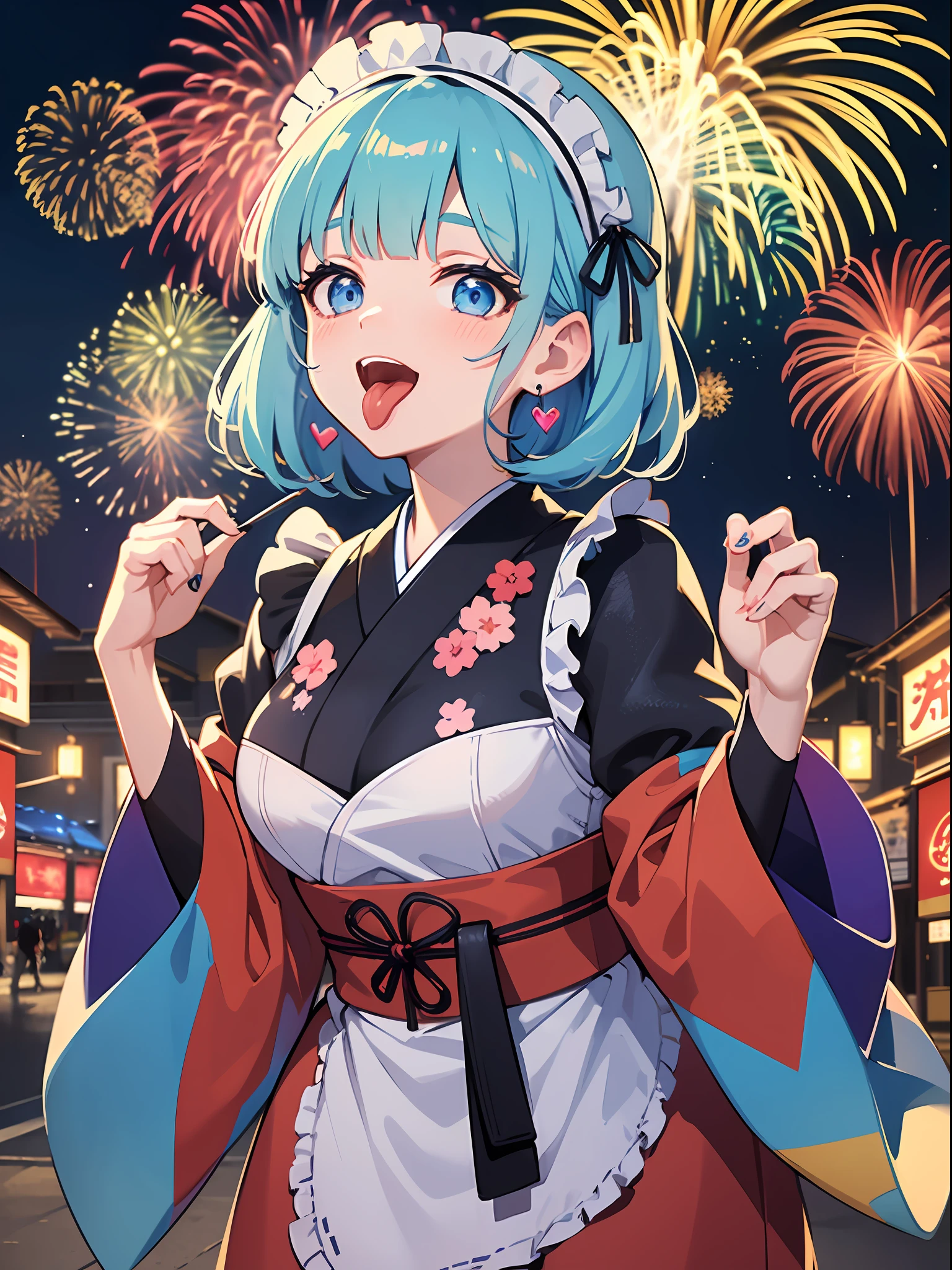 (masterpiece:1.3), (best quality:1.3), high resolution, 


couboy shot, 
leaning forward, body facing forward, 

(one cute girl:1.3), solo, 
white skin, small Breast, eight-headed person, 
light blue hair, (bobbed hair:1.2), (short hair:1.2), (blunt bangs:1.2), beautiful hair, blue eyes, beautiful detailed eyes, 

(tongue out:1.3), blush, open mouth, heart, cheerful smile, 

maid, frill, earrings, 

outdoors, (night:1.2), Fireworks in the night view, summer festival, natural park, japanese style town, 

shadowlighting,