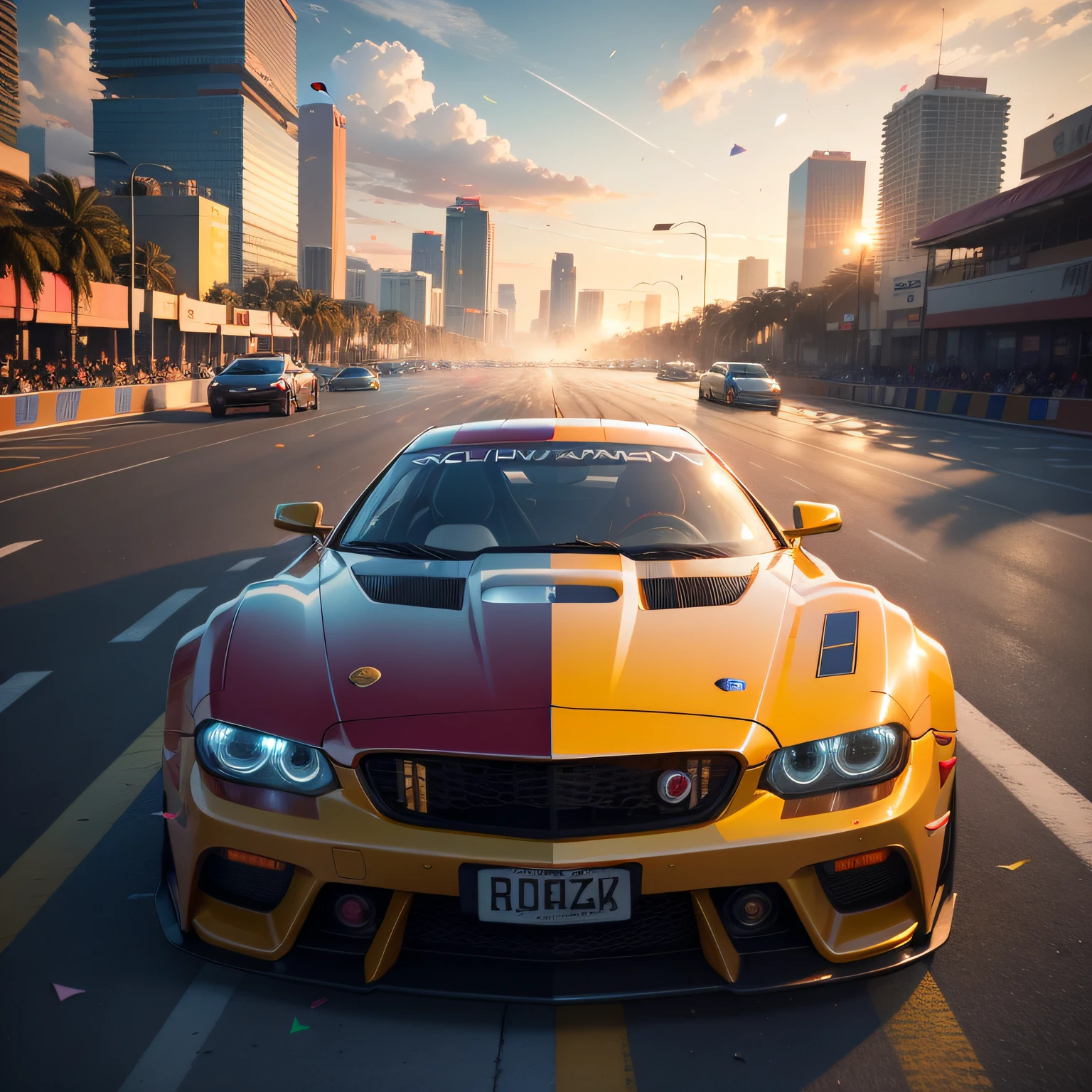 bright sunny day beautiful cloudy sky sunset sports car racing down cyberpunk Miami city streets neon signs and crowds confetti debris dust wind volumetric fog exciting epic action camera, (masterpiece:1.2) (photorealistic:1.2) (bokeh) (best quality) (detailed skin) (intricate) (8k) (HDR) (cinematic lighting) (sharp focus)