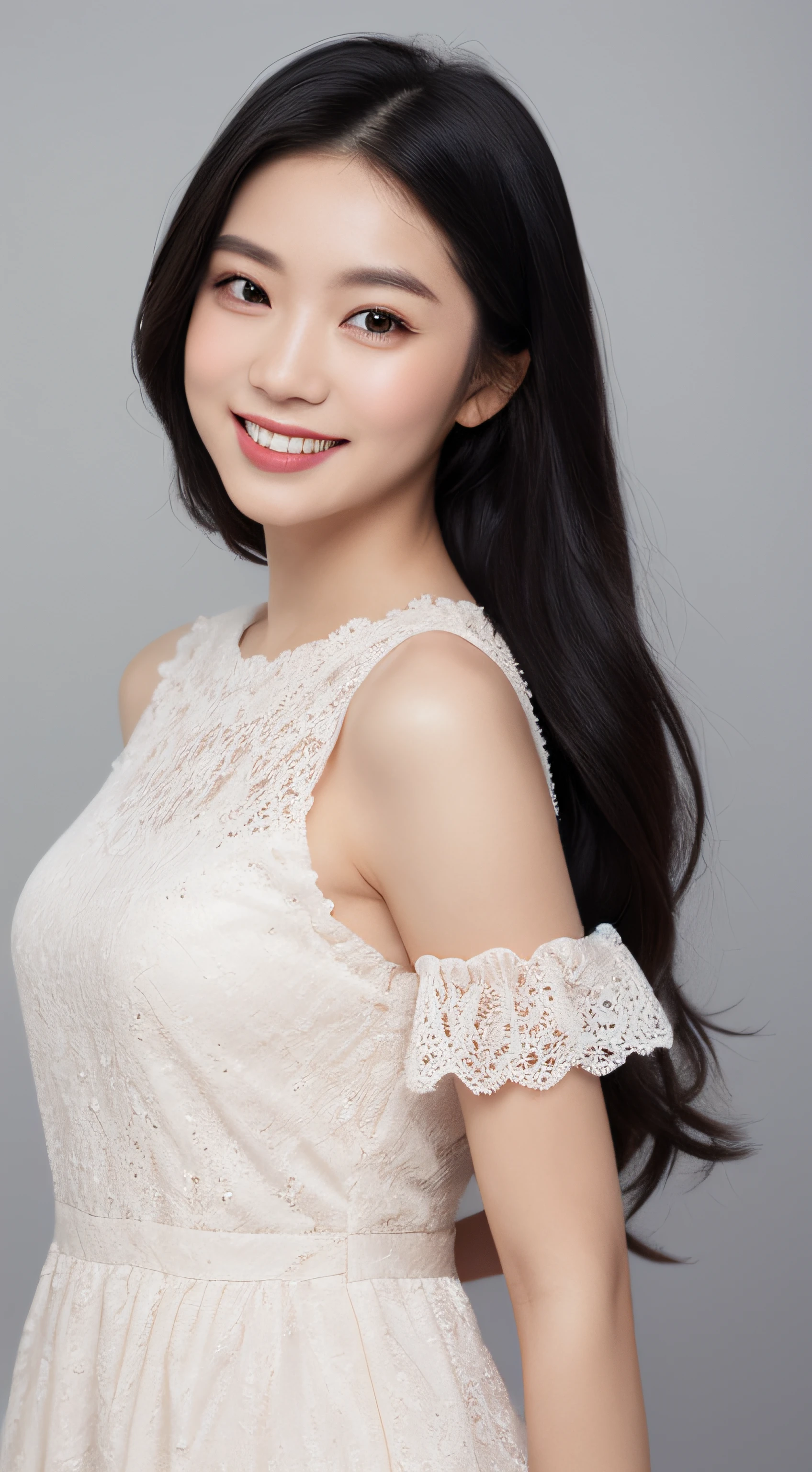 (Best quality, 8K, masterpiece:1.3)) , (one person: 1.4), 1girl, a Korean woman, a goddess, 25 years old, portrait photography, high contrast, God perspective, aperture F1.2, focal length 24mm, ( Full body: 1.2), smile, pose for photos, fine lace, slip dress, simple cut dress, brand dress, simple cut, long black hair, hair tied up, super detailed skin details, detailed fabric texture