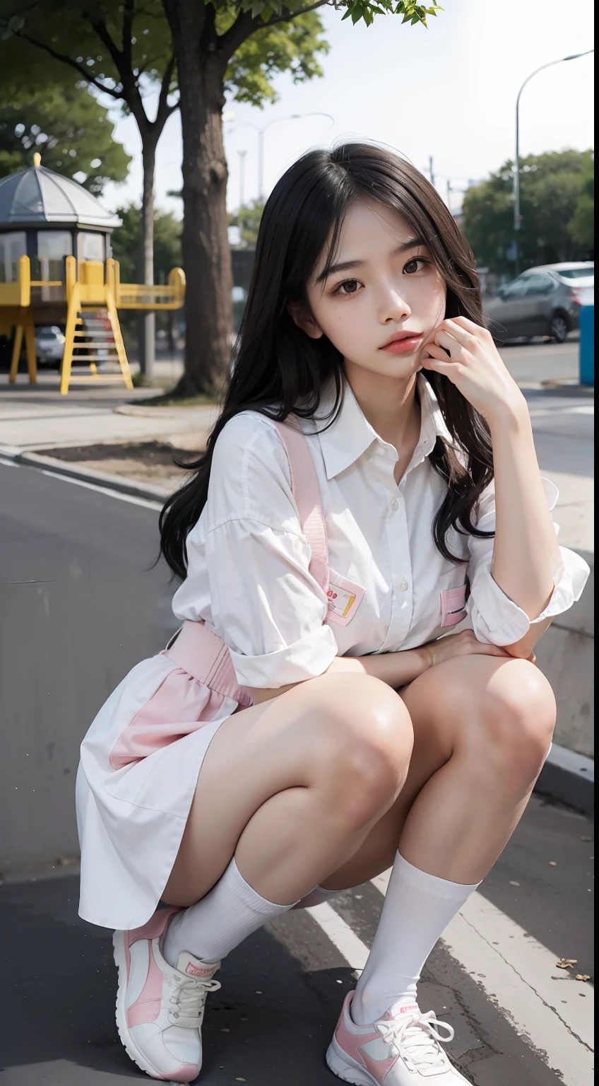 Highest image quality，Outstanding details，超高分辨率，（Fidelity：1.4），The best illustration，Favor the details，Highly cohesive 1girl，He has a delicate and beautiful face，Human real skin texture，Dressed in white-pink professional attire，long whitr hair，Hold the water cup，In the playground，Legs exposed，Wear black socks on your legs。
