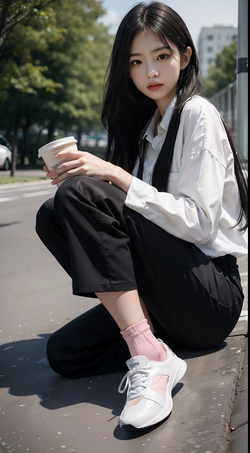 Highest image quality，Outstanding details，超高分辨率，（Fidelity：1.4），The best illustration，Favor the details，Highly cohesive 1girl，He has a delicate and beautiful face，Human real skin texture，Dressed in white-pink professional attire，long whitr hair，Hold the water cup，In the playground，Legs exposed，Wear black socks on your legs。