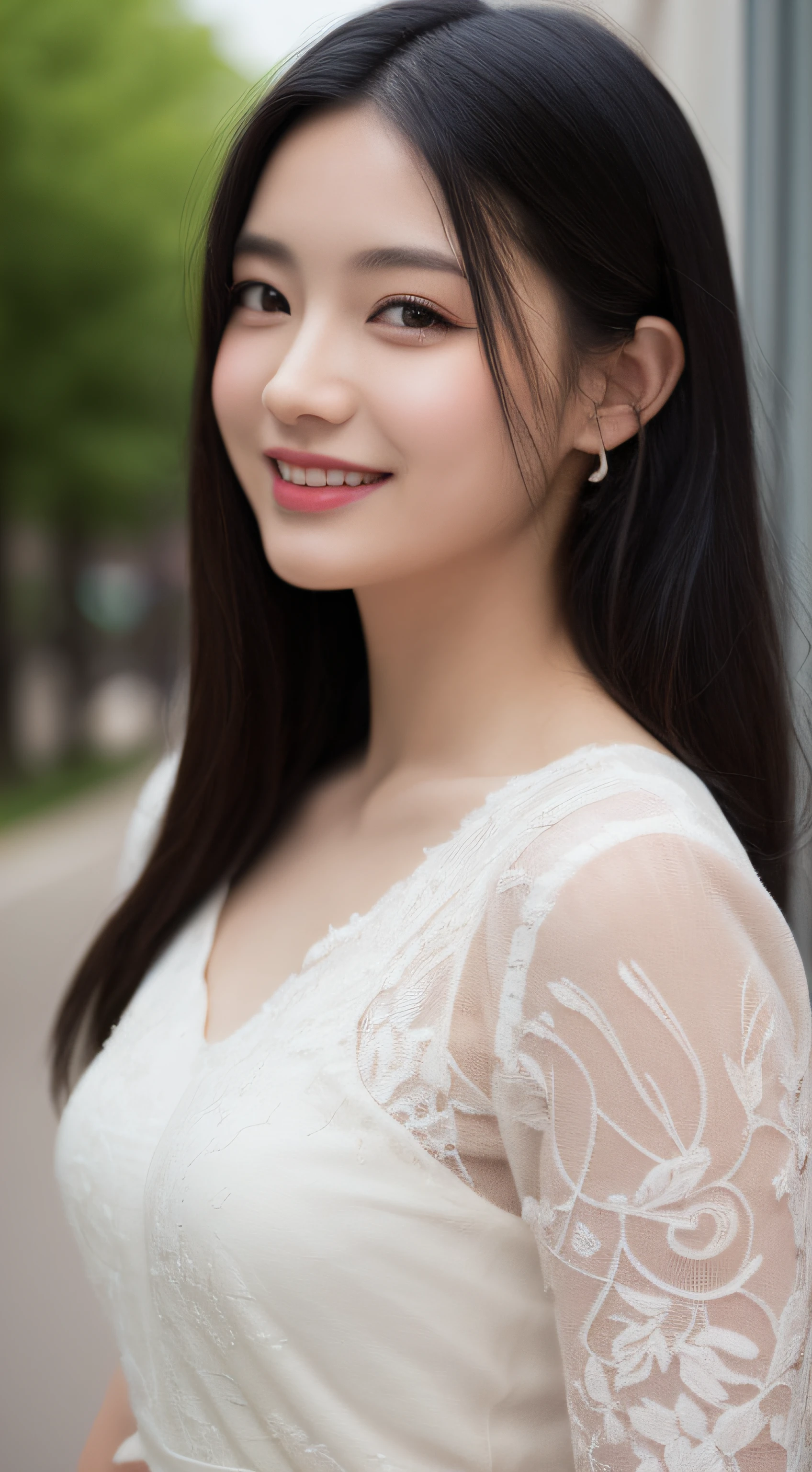 (Best quality, 8K, masterpiece:1.3)) , (one person: 1.4), 1girl, a Korean woman, a goddess, 25 years old, portrait photography, high contrast, God perspective, aperture F1.2, focal length 24mm, ( Full body: 1.2), smile, pose for photos, fine lace, slip dress, simple cut dress, brand dress, simple cut, long black hair, hair tied up, super detailed skin details, detailed fabric texture