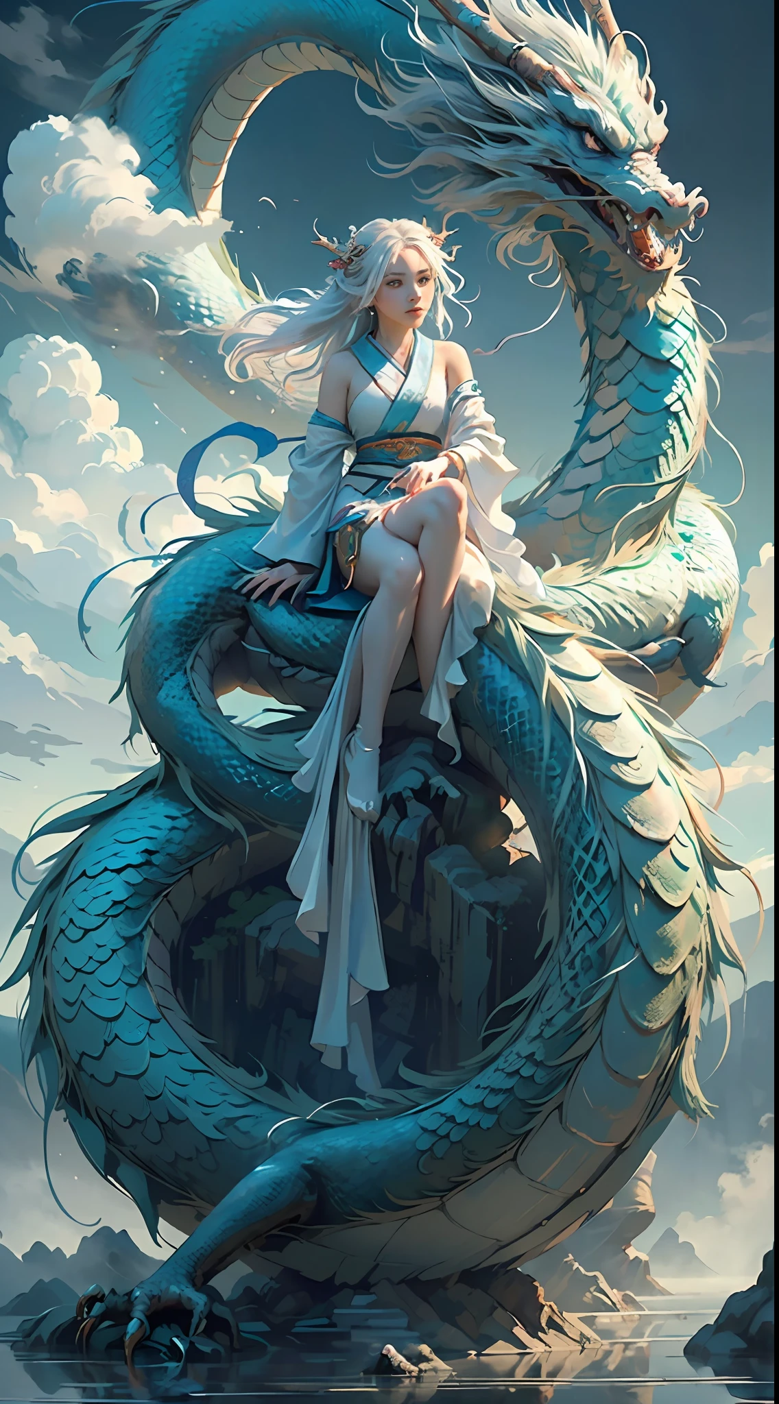 （tmasterpiece，high high quality，best qualtiy，offcial art，Beauty and aesthetics：1.2），epic cinematic，ultra - detailed，hyper realisitc， (1girl:1.5),(full bodyesbian:1.2),(The girl sits on the dragon:1.5),(1 Dragon：1.5），White Hanfu，（White Dragon：1.1），dynamicposes，looking at viewert，（in a cloud：1.4），（Thick cloud cover：1.1），White clouds around，Auspicious clouds，Fascinating coloring，Theatrical lighting，rim-light，（Depth of field of view：1.2）