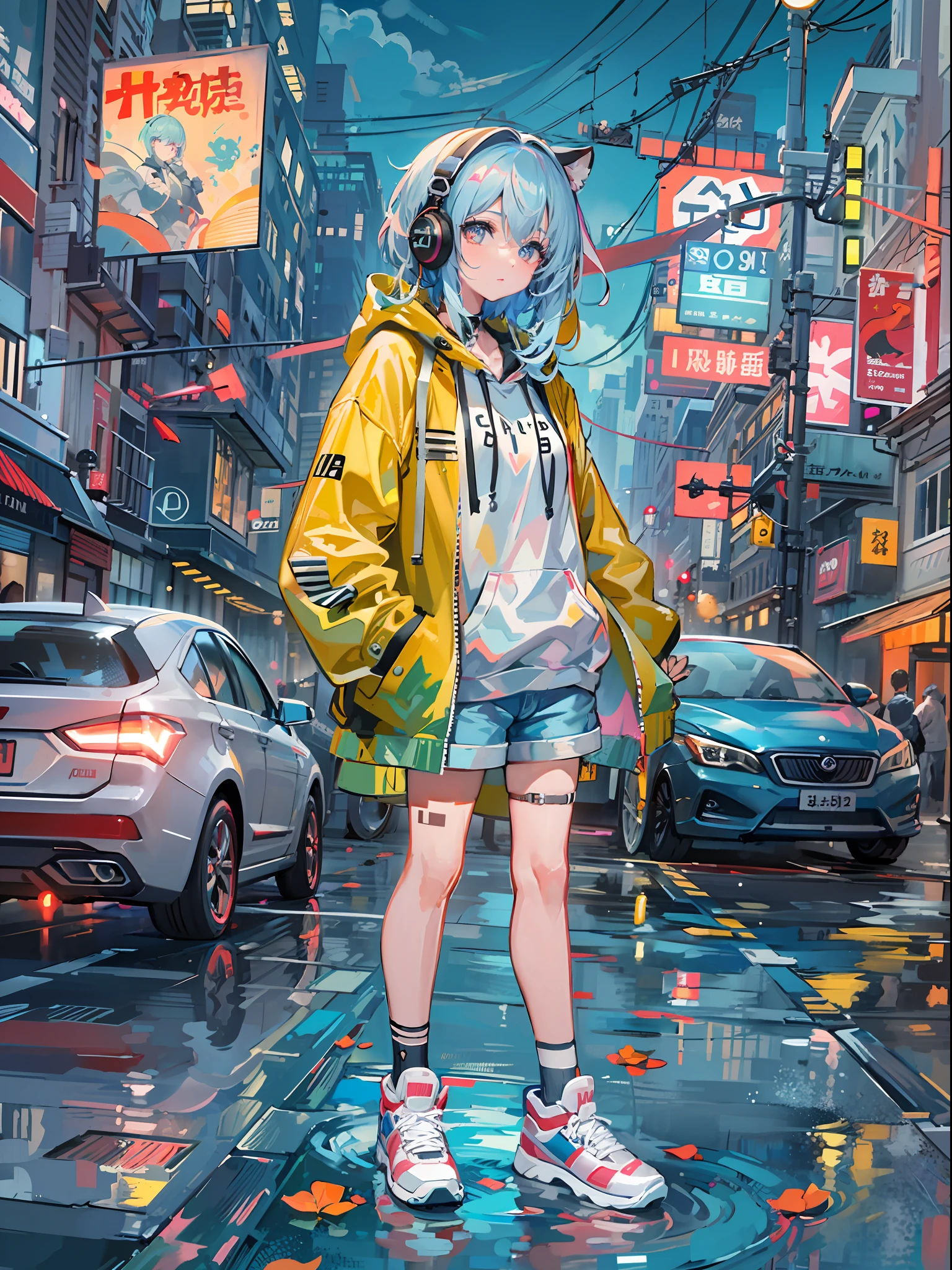 8K分辨率、((top-quality))、((masterpiece))、((ultra-detailliert))、1 woman、独奏、incredibly absurdness、Oversized hoodies、headphones、Street、plein air、Sateen、neons、Shortcut Hair、Brightly colored eyes、Hands in pockets、shortpants、water dripping