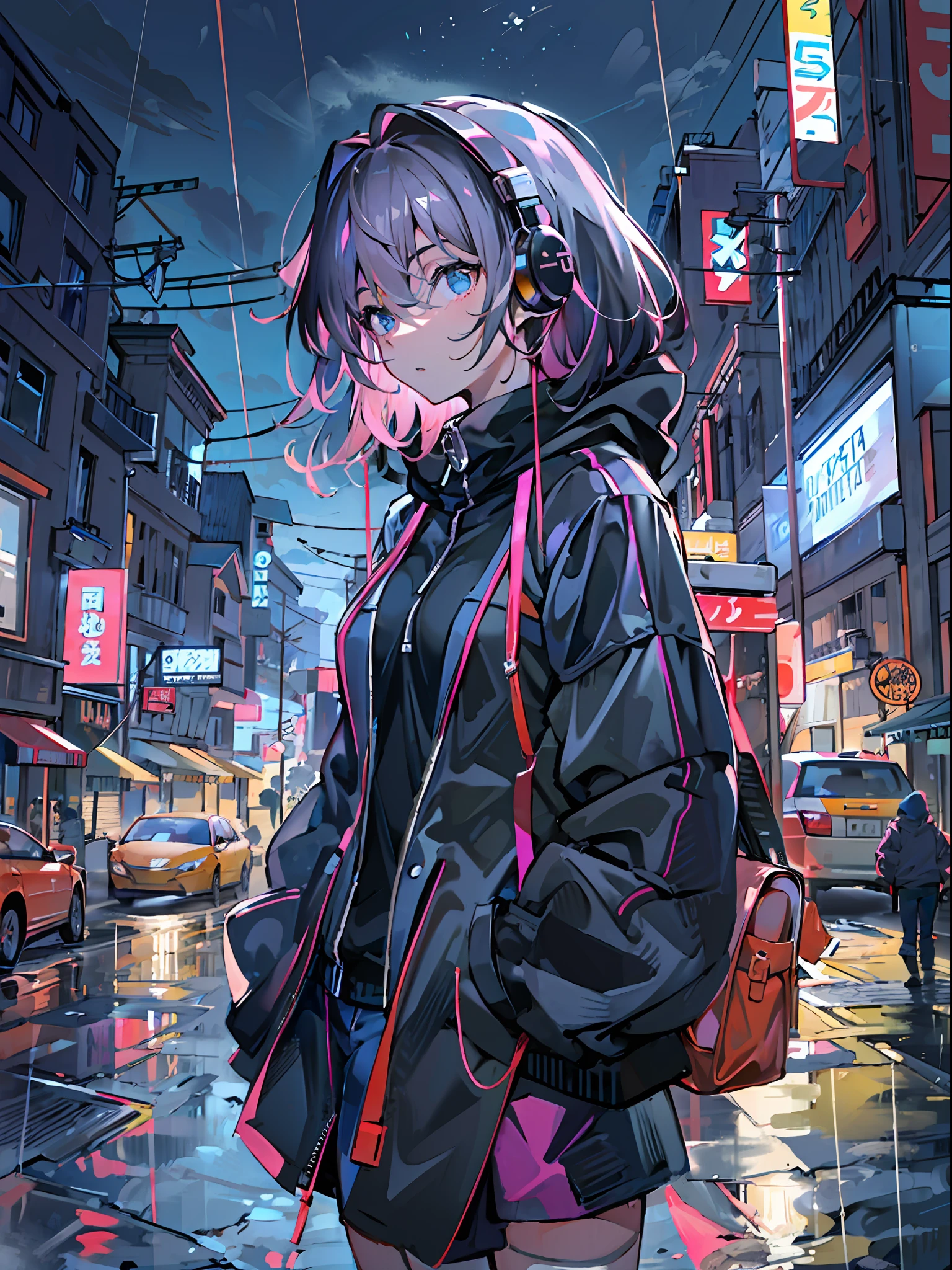 8K分辨率、((top-quality))、((masterpiece))、((ultra-detailliert))、1 woman、独奏、incredibly absurdness、Oversized hoodies、headphones、Street、plein air、Rain at night、neons、Shortcut Hair、Brightly colored eyes、Hands in pockets、shortpants、water dripping