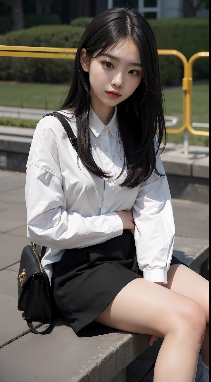 Highest image quality，Outstanding details，超高分辨率，（Fidelity：1.4），The best illustration，Favor the details，Highly cohesive 1girl，He has a delicate and beautiful face，Human real skin texture，Dressed in white-pink professional attire，long whitr hair，Hold the water cup，In the playground，Legs exposed，Wear black socks on your legs。