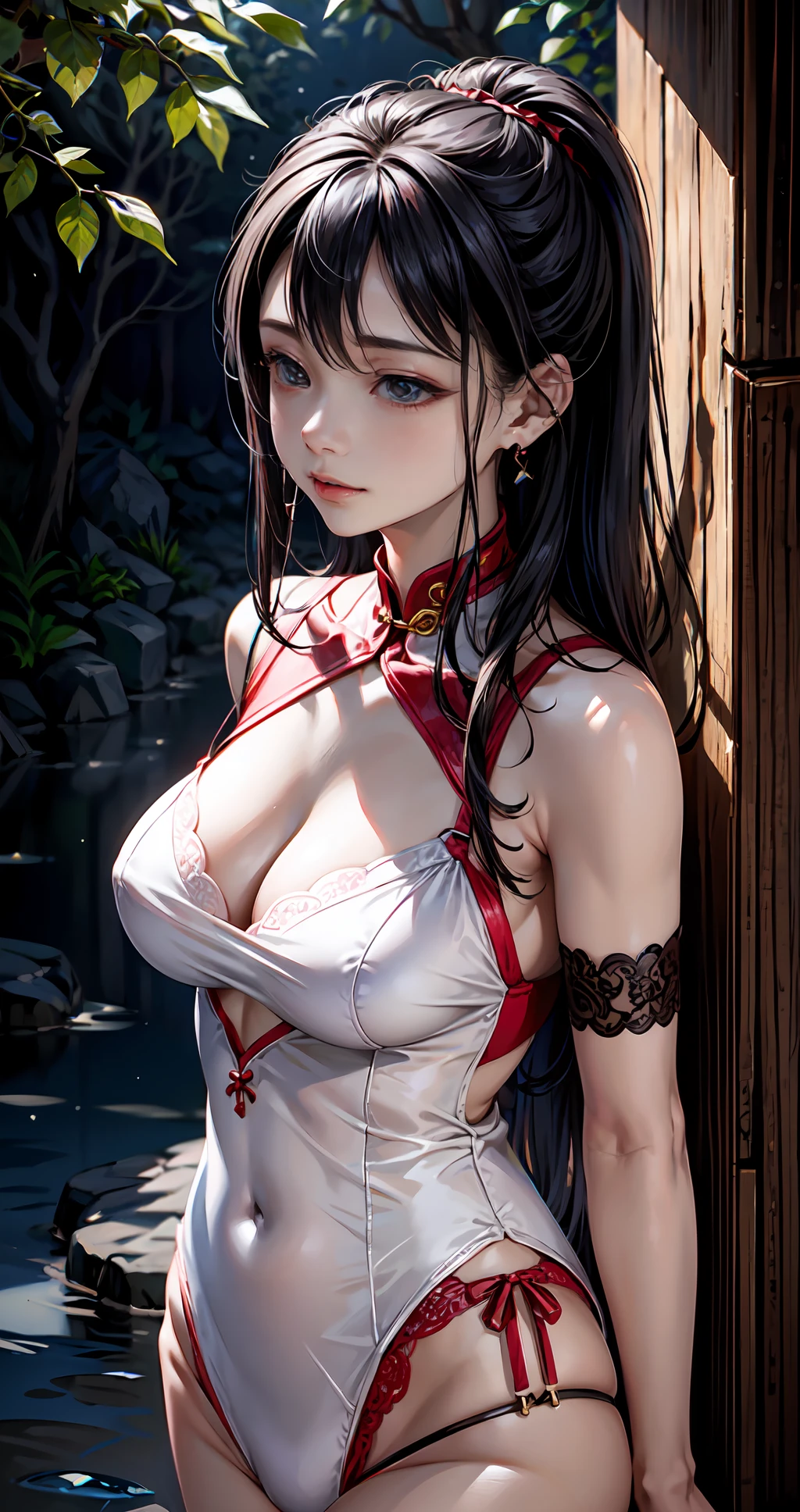 tmasterpiece、best qualtiy、A high resolution、Fidelity、耳Nipple Ring、depth of fields、Jiang Nan Nan female、thigh gap、1个Giant Breast Girl、long whitr hair、pony tails、solo person、Red cheongsam、cropped shoulders、Elbow lace gloves、looking at viewert、ssmile、full bodyesbian、in city、In the breast、PureErosFace_V1 version。
