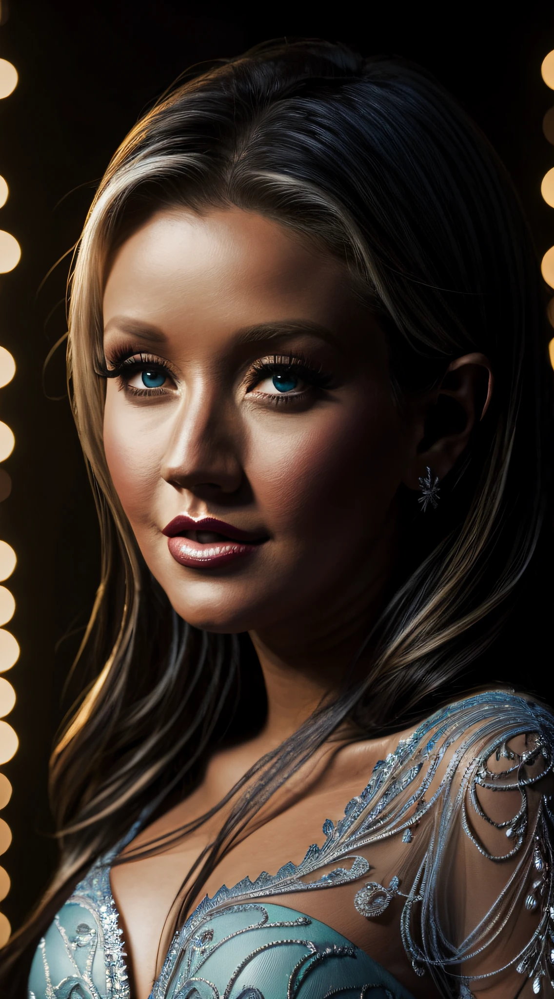 Please create a photograph of a 30-year-old christina aguilera, in a realistic style, with high resolution. The photo should be taken in a well-lit studio, with soft light and no harsh shadows. The framing will be full-body, highlighting her presence and charming personality. Special focus should be given to the eyes, capturing their captivating expressiveness. The model will be dressed in enchanting elven attire, featuring a delicate and flowing dress adorned with intricate details like ethereal embroidery, delicate lace, and elaborate patterns reminiscent of elvish grace and beauty. Soft, earthy tones like greens, blues, or silver should be incorporated to evoke the magical essence of elven fashion. Careful lighting and image composition should enhance the woman's natural beauty, accentuating the elegance and enchantment of the elven ensemble. The overall result should capture the essence of a mystical and elegant elf maiden