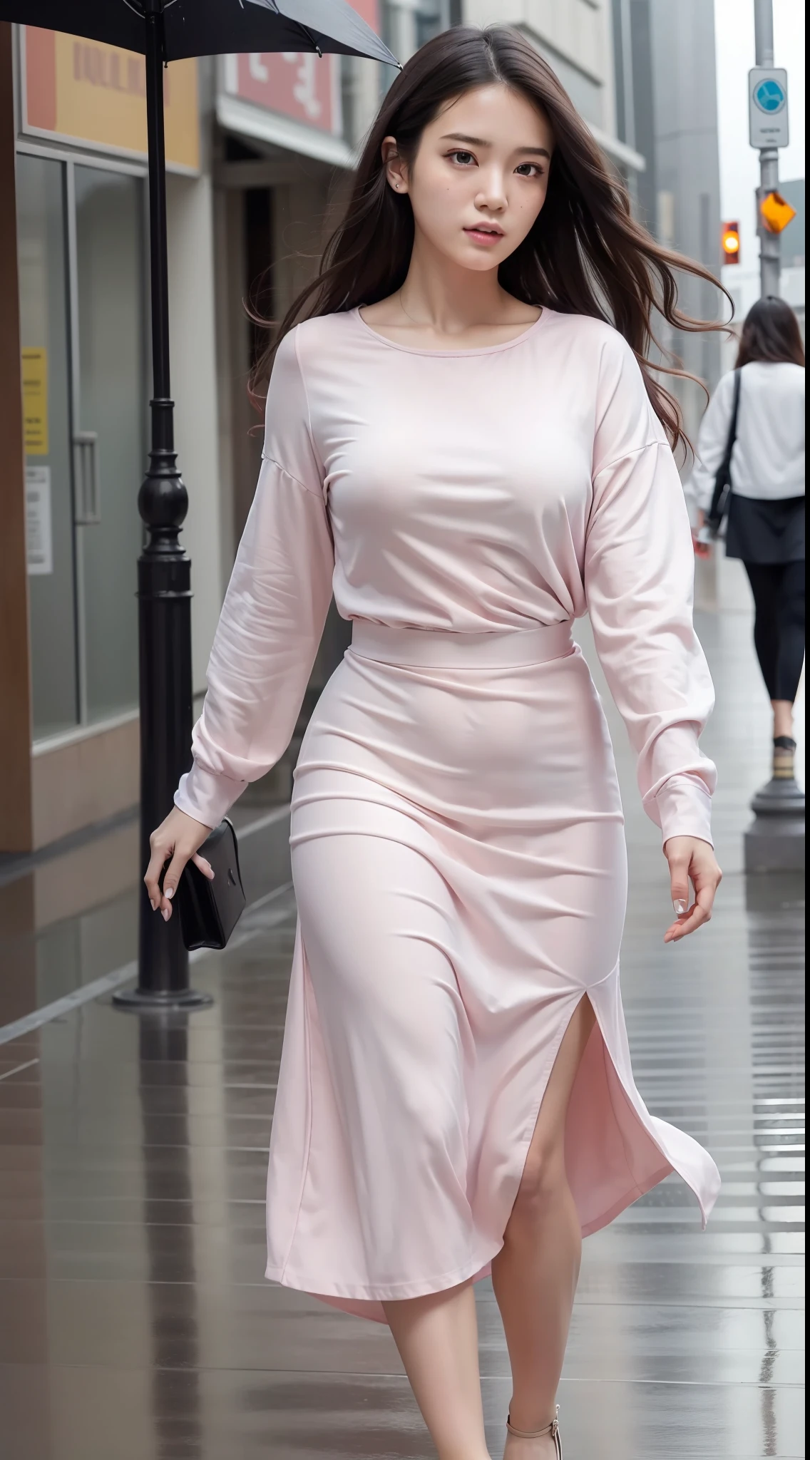 (((masterpiece))), best quality, realistic, photorealistic, ultra detailed,extremely detailed face, solo,1girl, pink_shirt, wearing handscarf,no_makeup,long dress, long curly hair,bang,walking, urban city, rain,