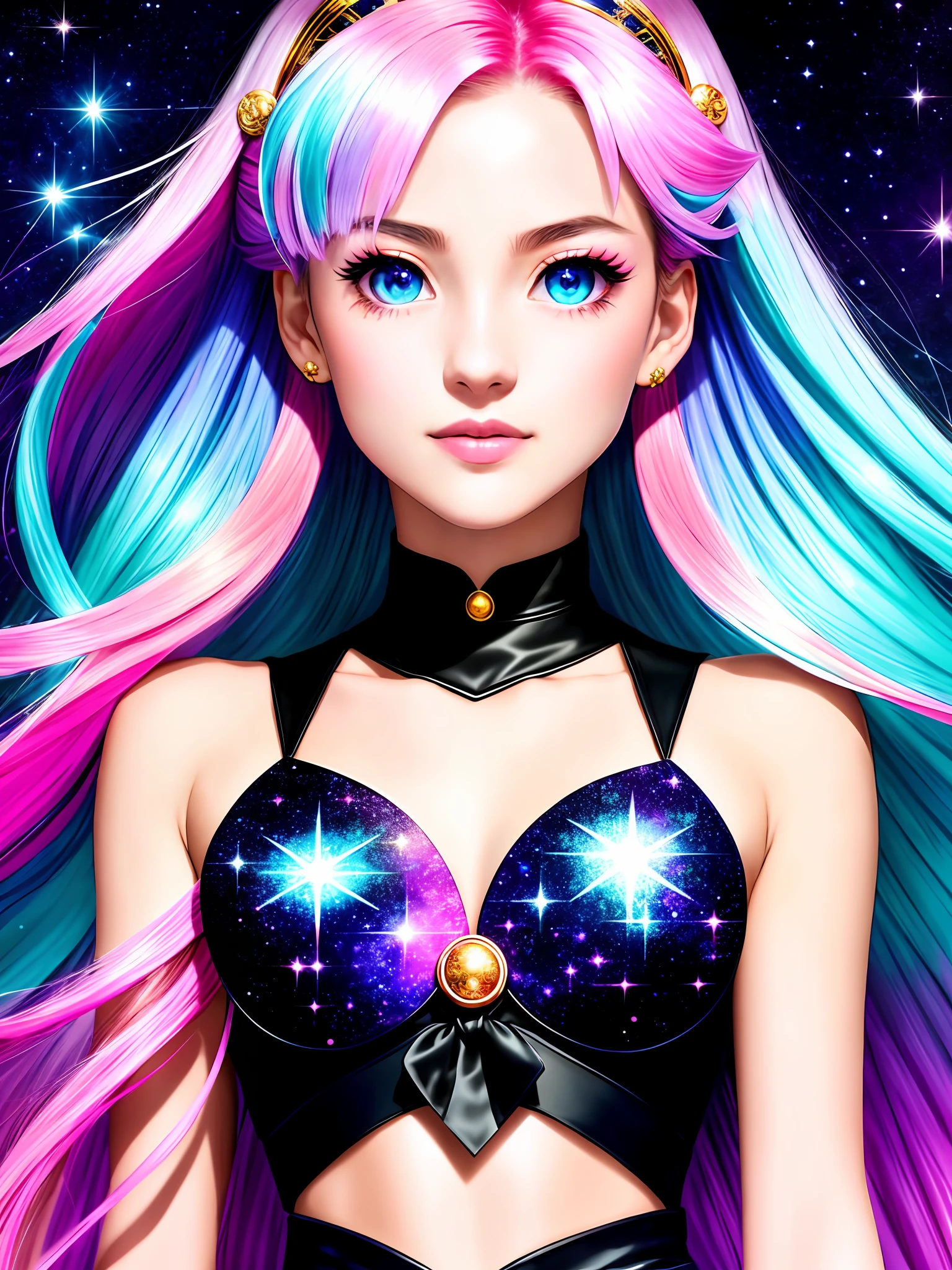 anime portrait of Sailor Moon, perfect anime eyes, beautiful intricate triadic color hair, shimmer in the air, symmetrical, in re:Zero style, concept art, digital painting, looking into camera, Ethereal, Whimsical, Serene, Dynamic, Mysterious, Luminous, Surreal, Cosmic, Intricate,Neon, Cyberpunk, Monochromatic, adorable, beautiful, charming, delightful, pleasant, pretty, dainty, intricate details. Artistic, dark color effect. Detailed. Centered, dimensionality, depth, symmetrical, light theme, perfectly symmetrical, mirrored, reflective, shiny, floral