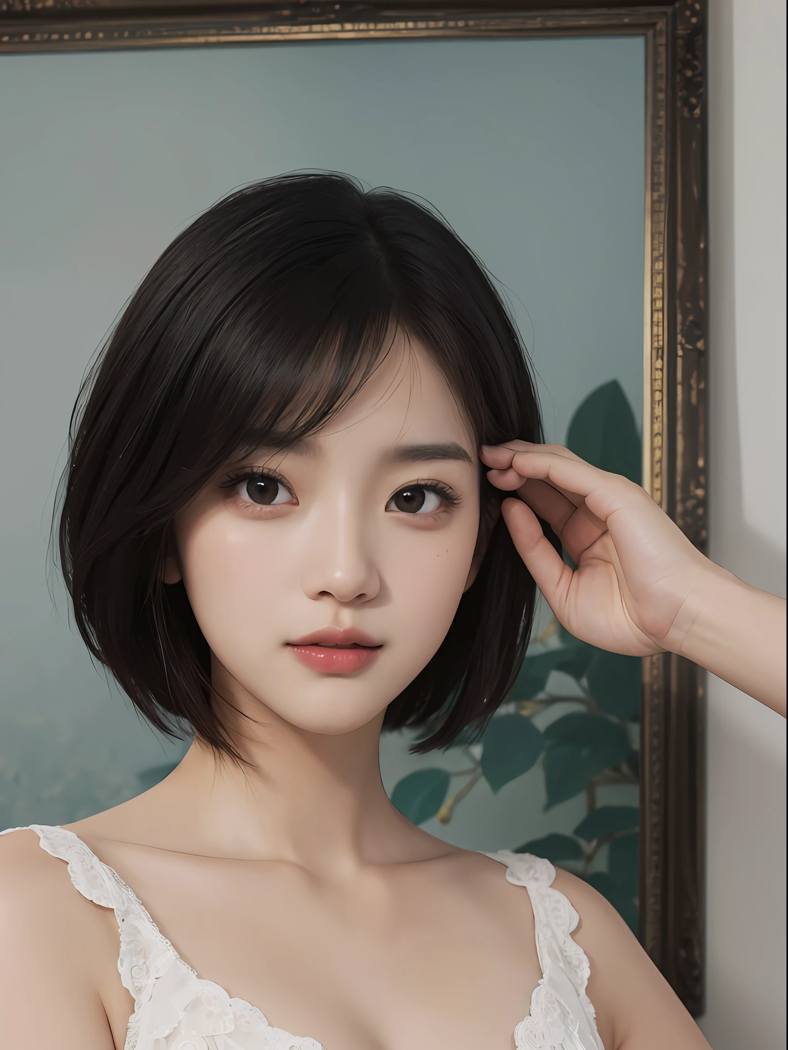 masterpiece、The highest image quality、hightquality、Beautuful Women、japanes、Popular Korean Makeup、detaileds、Swollen eyes、A detailed eye、Detailed skin、Beautiful skins、超A high resolution、(Realistis:1.4)、very extremely beautiful、Slightly younger face、Beautiful skins、thin-waist、(A hyper-realistic)、(illustratio)、(hight resolution)、(8K)、(ighly detailed)(The best illustrations)、(beautifully detailed eyes)、(ultra-detailliert)、(wall-paper)、(详细的脸)、looking at the viewers、fine detailed、 A detailed face、pureerosfaceace_v1、a smile、Looking straight ahead、photos realistic、Bright lighting、profetional lighting、A dark-haired、(((very_short_hair)))、brightly lit room、painterly、picture frame