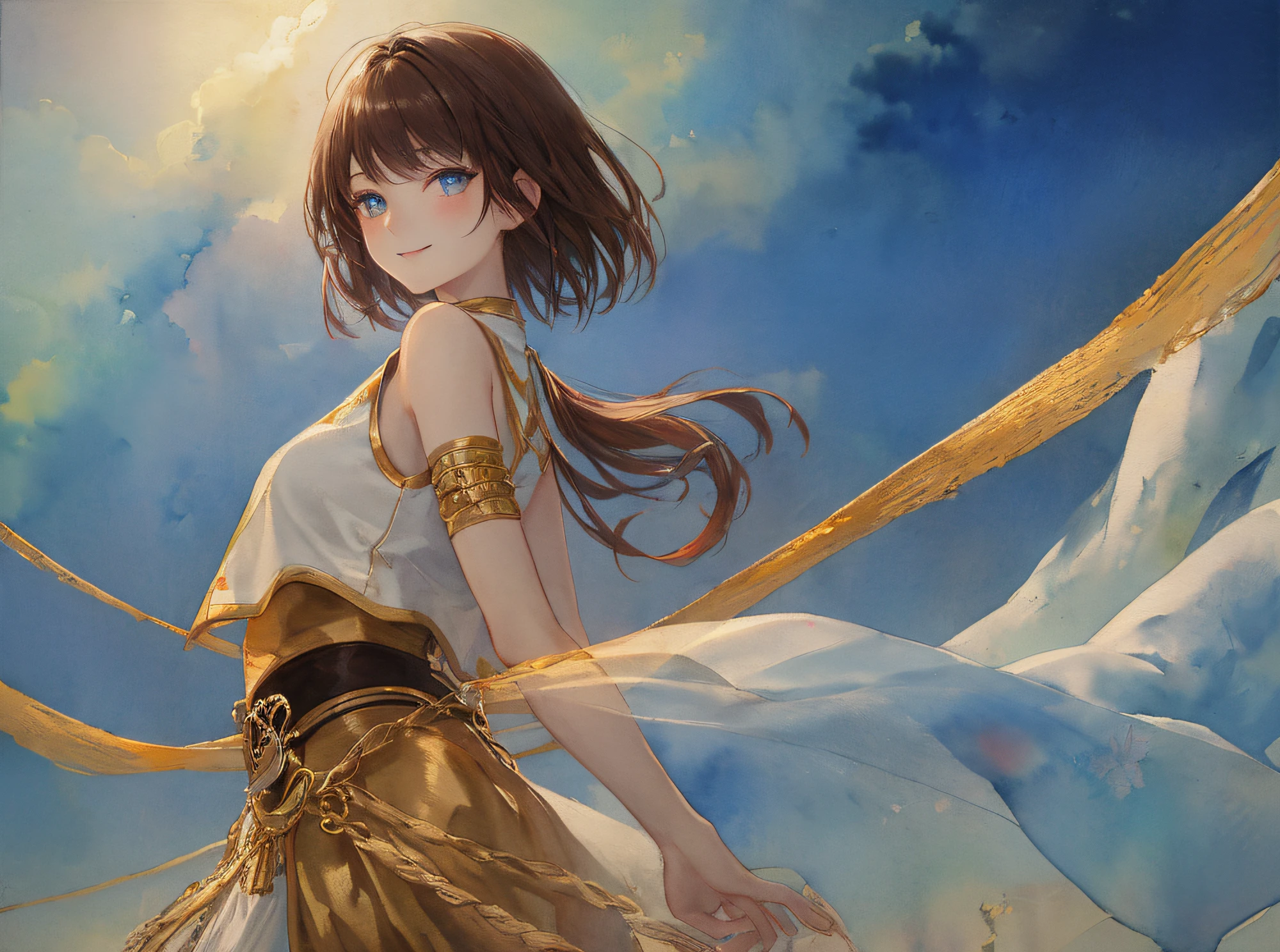 hyper detailed illustration ,superfine illustration, ((((masterpiece)))), High quality, very_high_resolution, Large_filesize, fulcolor ,Very cute and beautiful girl,Very cute and beautiful anime face and eyes, Very delicate eyes,eye shadow,Female, 年轻,20 years old、Solo, 1 girl, Transparent skin ,full bodyesbian, short-cut、Brown hair、Golden mesh、He looks very happy, small tits、Sleeveless,western clothes、arms behind back、watercolor paiting、Beautiful background、Fantastic background、Salar de Uyuni
