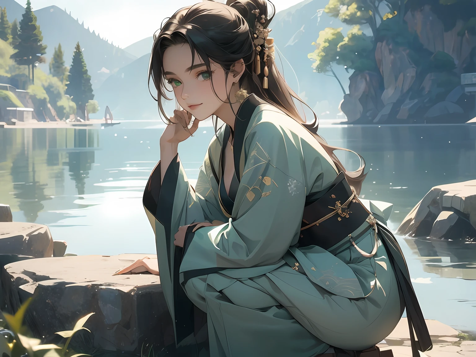 1womanl, old,cabelos preto e longos,Nice face,Pale green hanfu,Squat on the rocks by the lake,Look at the smile,closeup cleavage,