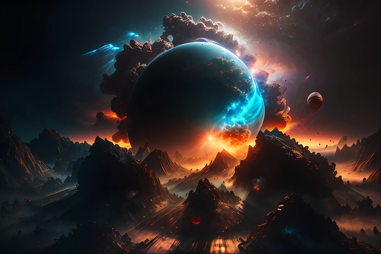 masterpiece, octane render, photorealistic, uhd, hdr, 8k, dslr, 30mm, Fujifilm XT3, film grain, RAW digital landscape photo of an exploding (emb-nuke2:1.2) (smoke planet:1.3), ultra detailed, sharp focus, hard shadows, bloom, volumetric lighting, trending on artstation
