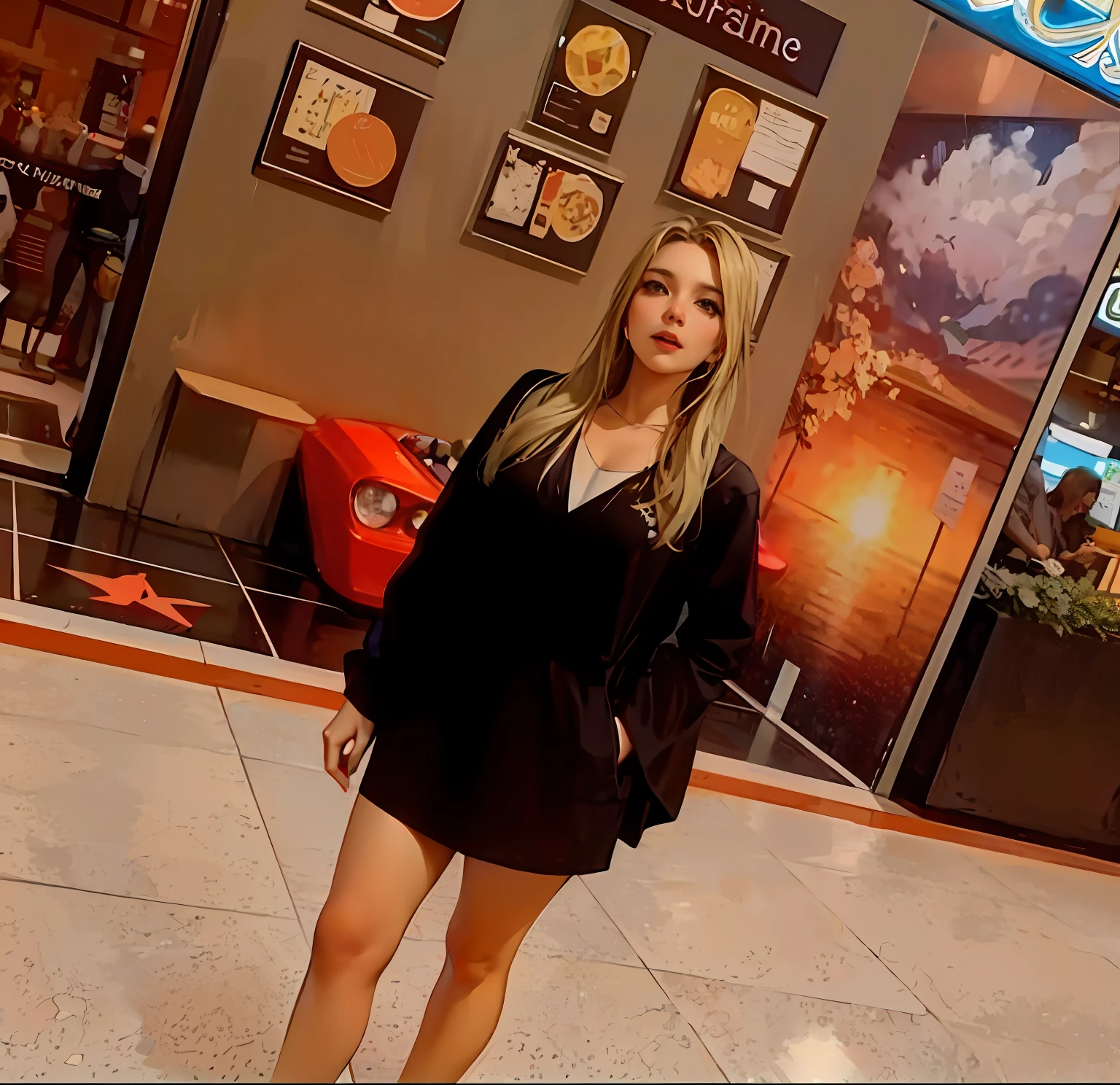 There's a woman standing in a mall with a red car.., aparecer em um shopping center, em um shopping, Linda, alta resolução,
