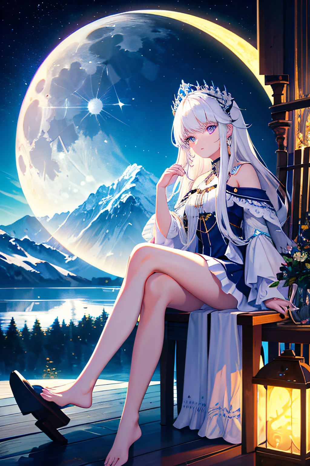 A high resolution, HighestQuali, illustration, Cinematic light, Ultra detailed, Detailed face, (Detailed eyes), Best quality, ultra - detailed, Masterpiece, (Detailed face),1girll, Girl, White hair, Purple eyes, highest details, glowing light eyes, medium breats, sit on a bed, Sitting, Bed, window, Night sky, Lake outside, Moon, full moon, back lit lighting, Light rays, (High contrast), (Colorful),deck chair，the feet，Dramatic angle，Snowy mountains in the distance