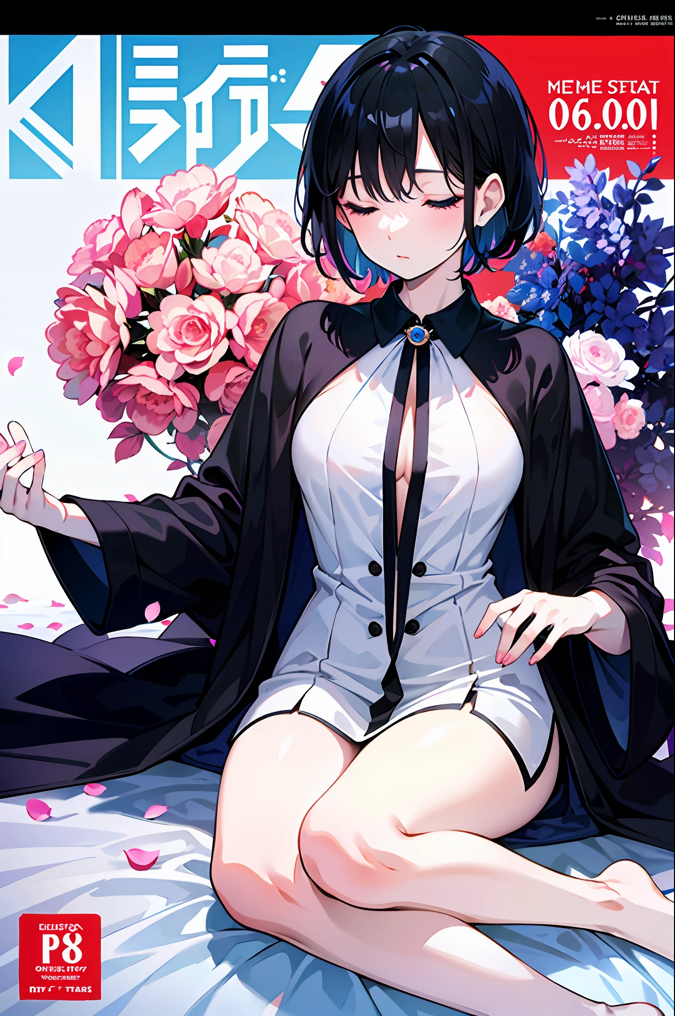 masterpiece, best quality, full body,
1girl, young woman, pale skin, (short black hair), (closed eyes), sleeping, in a short dressing gown,correct anatomy, (lies in a bed), ultra detailed, petals,illustration, (magazine:1.3), (cover-style:1.3), fashionable, woman, vibrant, outfit, posing, front, colorful, dynamic, background, elements, confident, expression, holding, statement, accessory, majestic, coiled, around, touch, scene, text, cover, bold, attention-grabbing, title, stylish, font, catchy, headline, larger, striking, modern, trendy, focus, fashion,