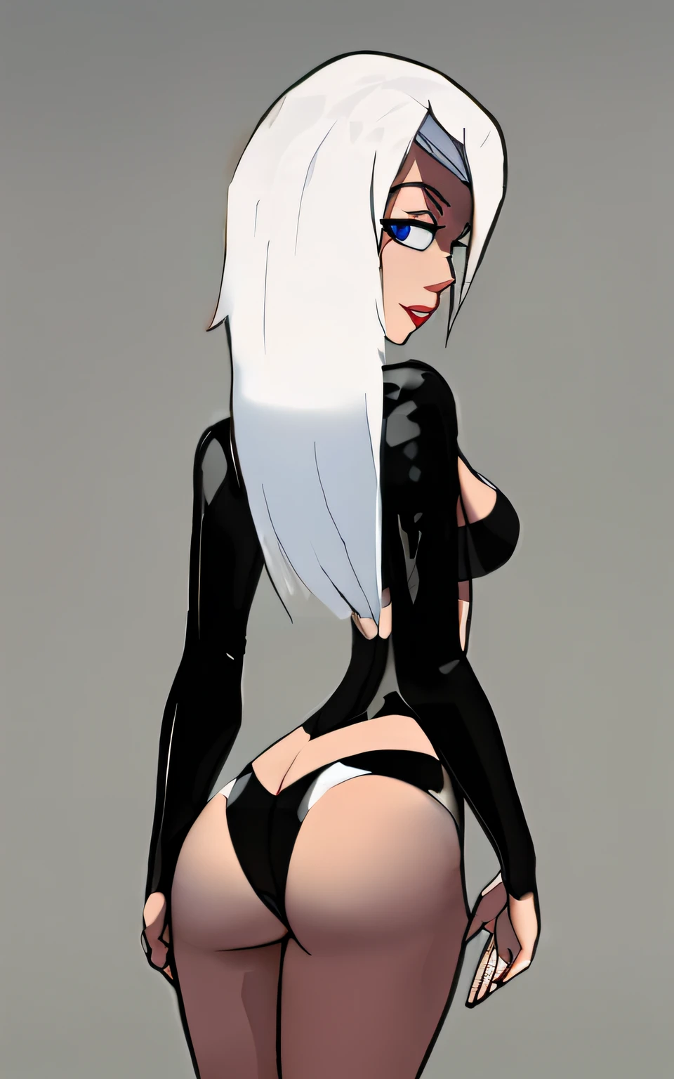 (schwarzer latex Badeanzug), collarbone, Meisterwerk, best quality, hight resolution, dark persona, (3D-Rendering), Rear view, (Blick auf den Betrachter: 1.1), , gelbe Augen, White hair, ((sehr langes Haar)), schwarzes Halsband, ((Rear view)), (Bild von hinten), ((Body turned away from the viewer)), (perfekter hintern), (Back view), Zierliche Figur, Perfekte Augen, ((thin legs)), ((Narrow hips)), ((super small breasts)), ((monotoner studio Hintergrund)), einfarbiger Hintergrund, best quality, ((Meisterwerk)), Cinematische Beleuchtung, 4k, (Ultra detailliert), ultra high resolution, (nackte arme), (Nackte Schultern), ((Perfekte Augen)), ((perfect hands)), ((Aufnahme von hinten)), (Perfeke Anatomie), (gorgeous face)