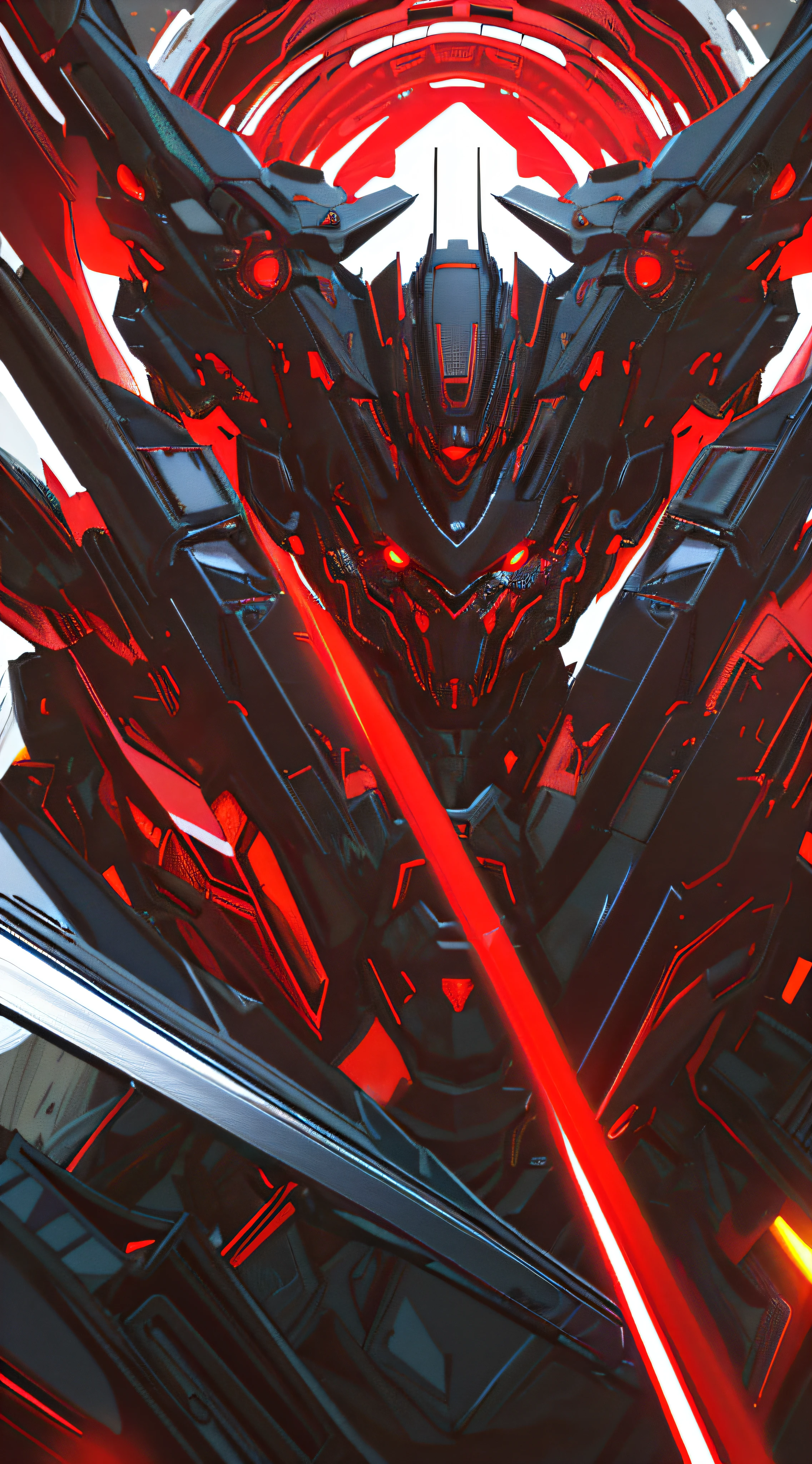 a robot,red eyes,black theme,city,glowing eyes,solo, lord,at night,
best quality, highly detailed, ultra-detailed, masterpiece, 8k wallpaper, bad anatomy, highres, super fine illustration, game cg, (blacklight:1), command spell,,mechanical parts, robot joints, headgear,full armor, mecha,mask
