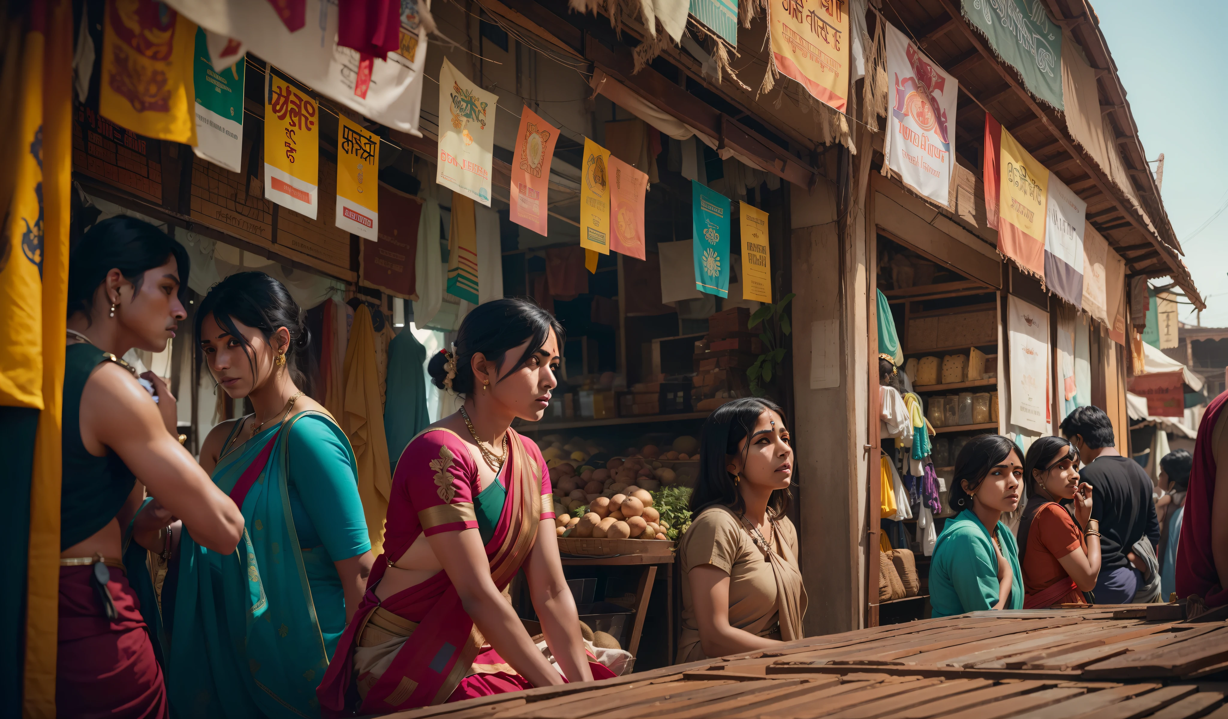 An Indian city in the 1900s, mercados de especiarias coloridos, ruas principais, greg rutkowski, makoto shinkai e lois van baarle, ilya kuvshinov, rossdraws, tom bagshaw, alphonse mucha, global ilumination, ambiente detalhado e intrincado, , mulheres usando sarees, homens usando dhoti, {fundo escuro}, cores ricas hiper realista textura realista {lighting dramatic} Unreal engine trend on Artstation Cinestill 800, 8k