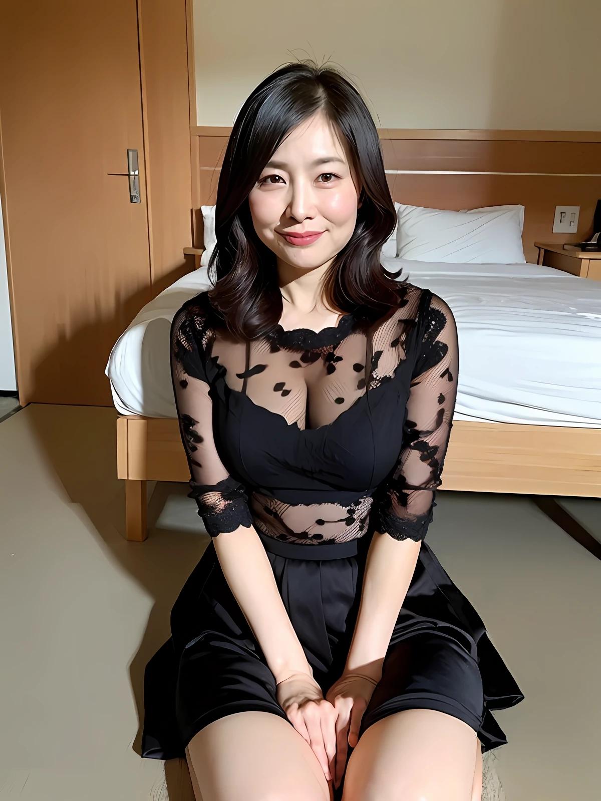 ((top-quality、8K、​masterpiece:1.3))、foco nítido, high-level image quality, hight resolution, Portrait, Solo, japanes, Middle-aged woman, Beautie, 48yo, Plump, Wavy Hair, Lace pattern bra, pantiy, Wrinkles at the corners of the eyes, Bewitching look,  Kamimei, Fat meat, spreading legs、Pulling up a skirt、hotels room、Bedrooms