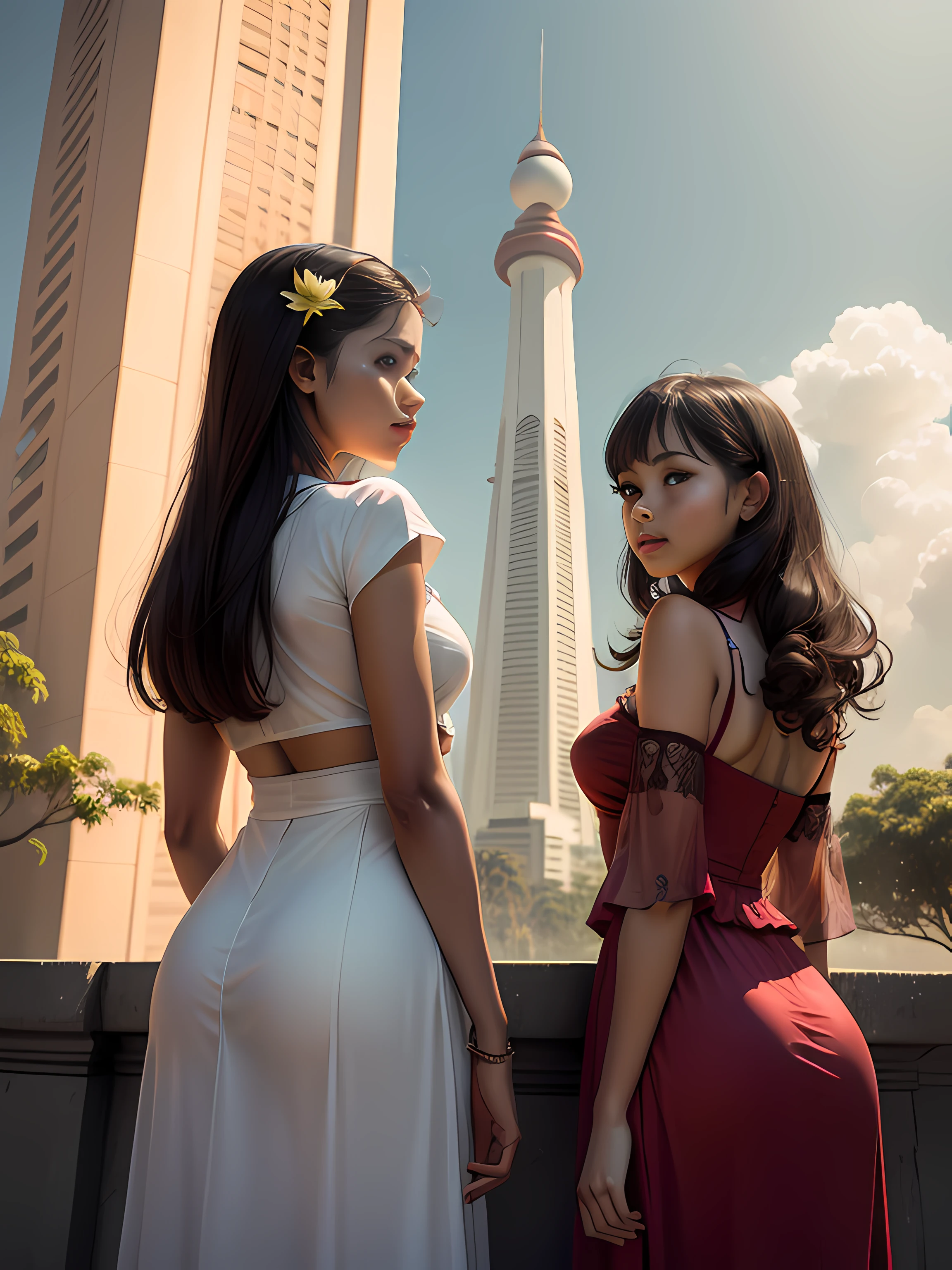 two girls infront of the lotus tower colombo