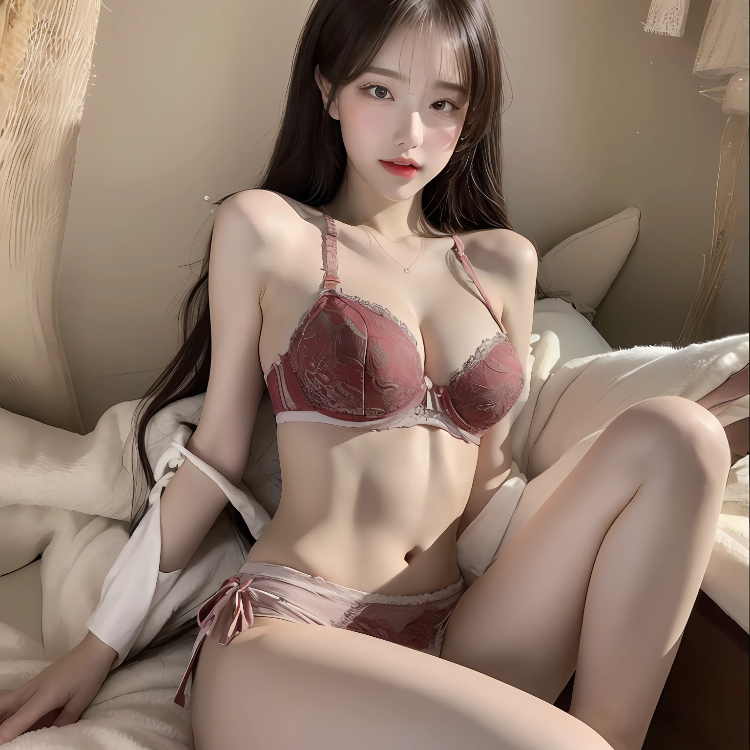 ((Top Quality, 8k, Masterpiece: 1.3)), Beauty, 1 Girl, Big: 1.3, Slender Abs: 1.1, Dark Brown Hair, (Lying in Bed, Open Legs: 1.2), Ultra Detailed Face, Highly Detailed Lips, Detailed Eyes, Double Eyelids, Bra Red