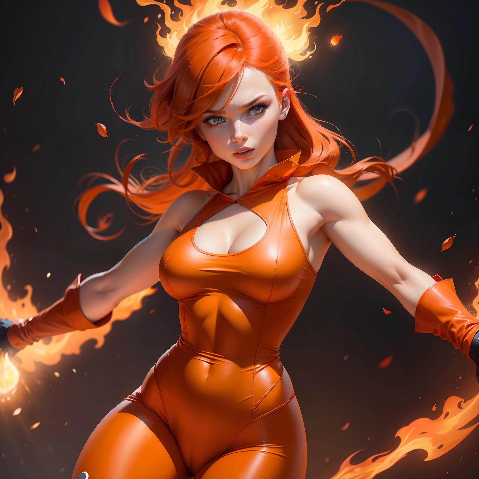An eye-catching, highly realistic photo of a red head woman dressed as Charmander from Pokémon, with a vibrant rendering of the costume and a blazing backdrop.