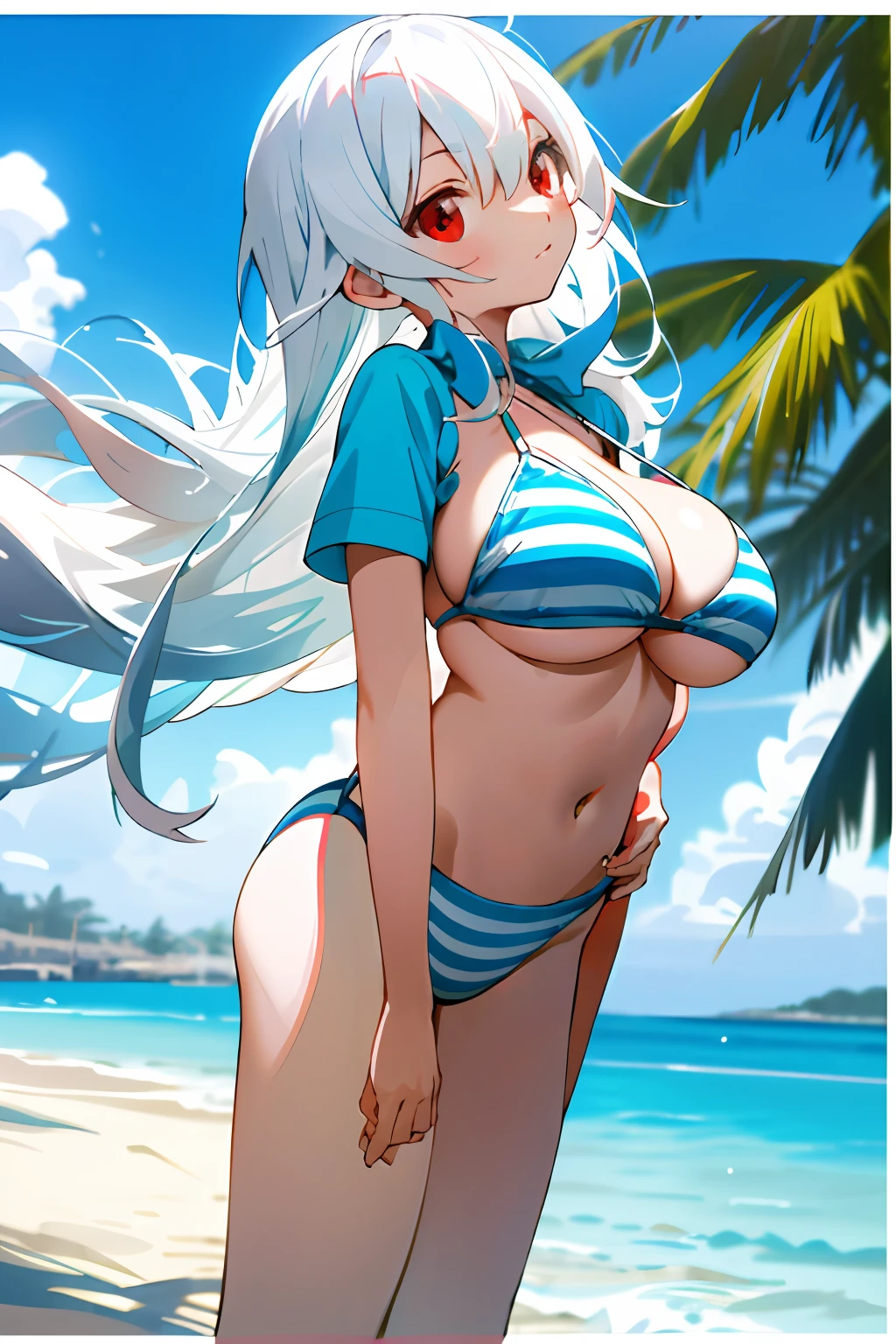 Long hair, flat lay,sea beach,The tree,Blue and white striped bikini,Red eyes,white color hair,Childlike big breasts