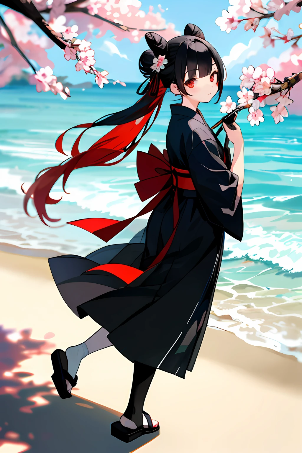 ((masterpiece,best quality)),2girls, black kimono, black legwear, black ribbon, black hair, cherry blossoms, day, flower, hair bun, hair ribbon, japanese clothes, kimono, long hair, looking at viewer, looking back ,multipel Girls,obi strip,exteriors,red eyes,red hair,ribbon,sandals,single hair bun,flat lay,sea beach,The tree,white swimwear,Yellow eyes