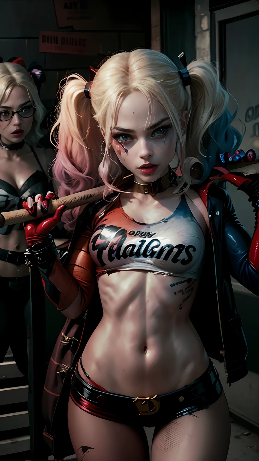 Halle poses for a photo with a bat in her hand, Margot Robbie as Harley Quinn, A still from Harley Quinn's movie, Harley Quinn, harley quinn film still, Halle Quinn standing, harley queen, Emma Watson as Harley Quinn（English：Harley Quinn）, of harley quinn, Emma Watson as Halle Quinn, Gal Gadot as Harley Quinn, Elizabeth Olsen as Harley Quinn