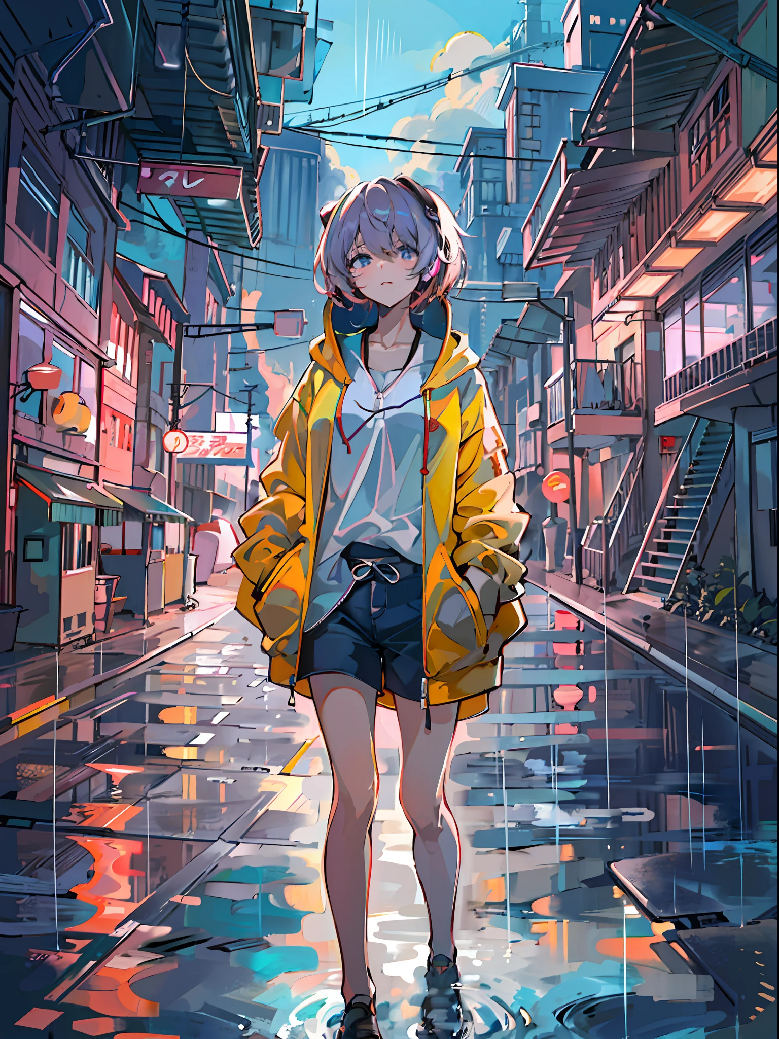 8K分辨率、((top-quality))、((masterpiece))、((ultra-detailliert))、1 woman、独奏、incredibly absurdness、Oversized hoodies、headphones、Street、plein air、Rain at night、neons、Shortcut Hair、Brightly colored eyes、Hands in pockets、shortpants、water dripping