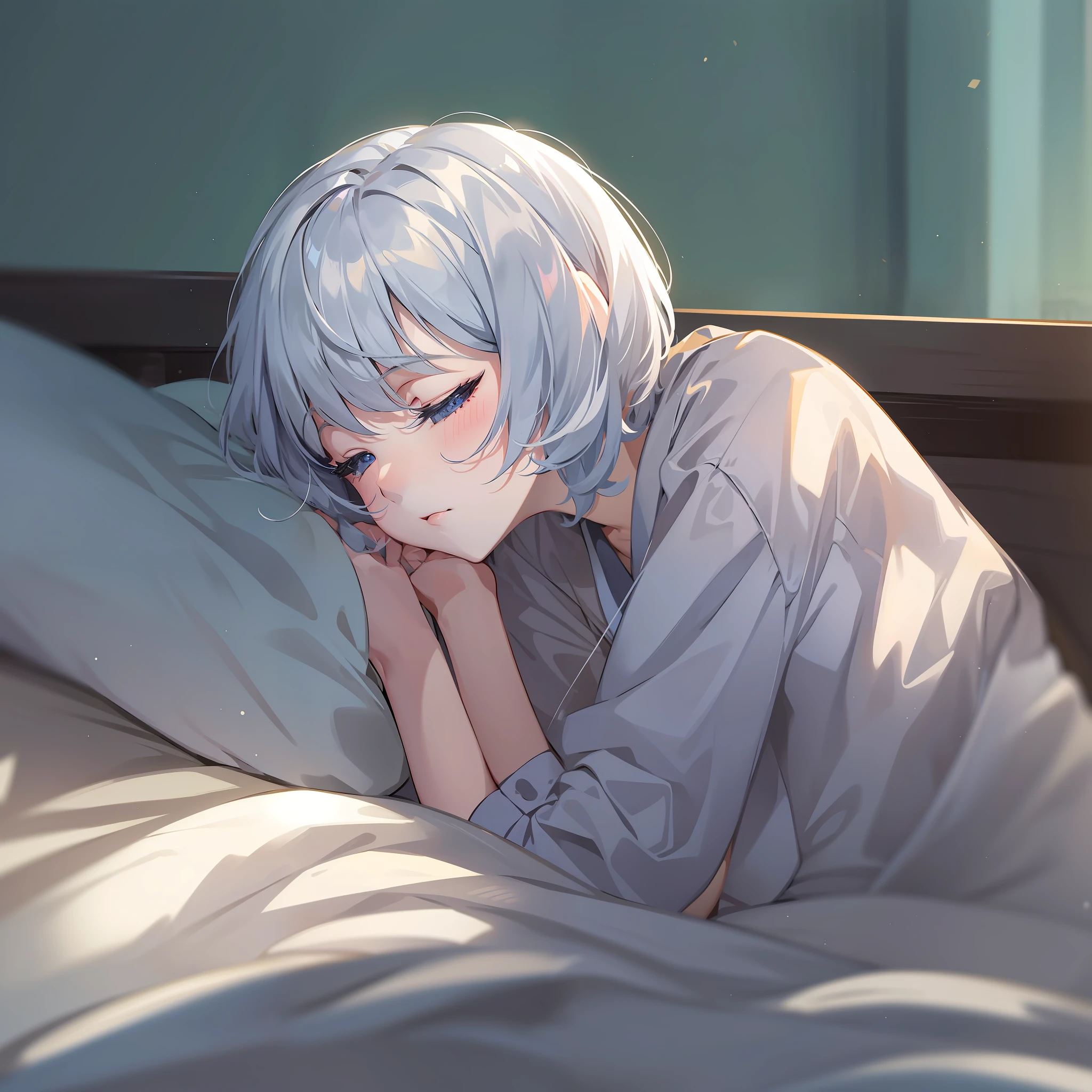 Become a woman。Short-haired woman with silver hair。Has blue eyes。I'm not feeling well and I'm sleeping。I'm in bed。It is an anime-style illustration。Beautiful with the best image quality。