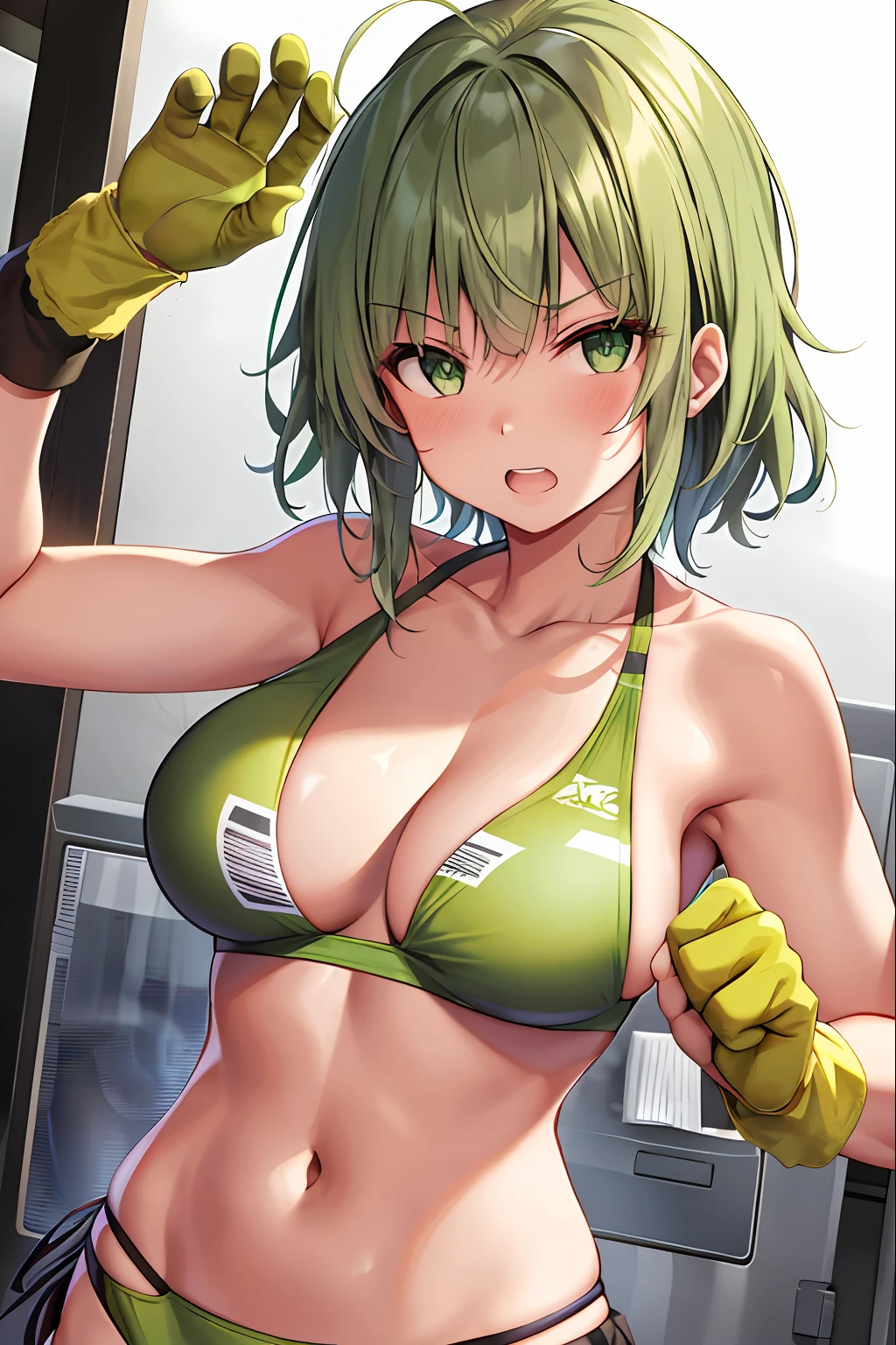 Kamisato_Ayaka, combat damage,clench one's teeth, green-eyed, chest muscle, obi strip, 独奏,topless female, torn laundry, Wristbands, ((tmasterpiece))