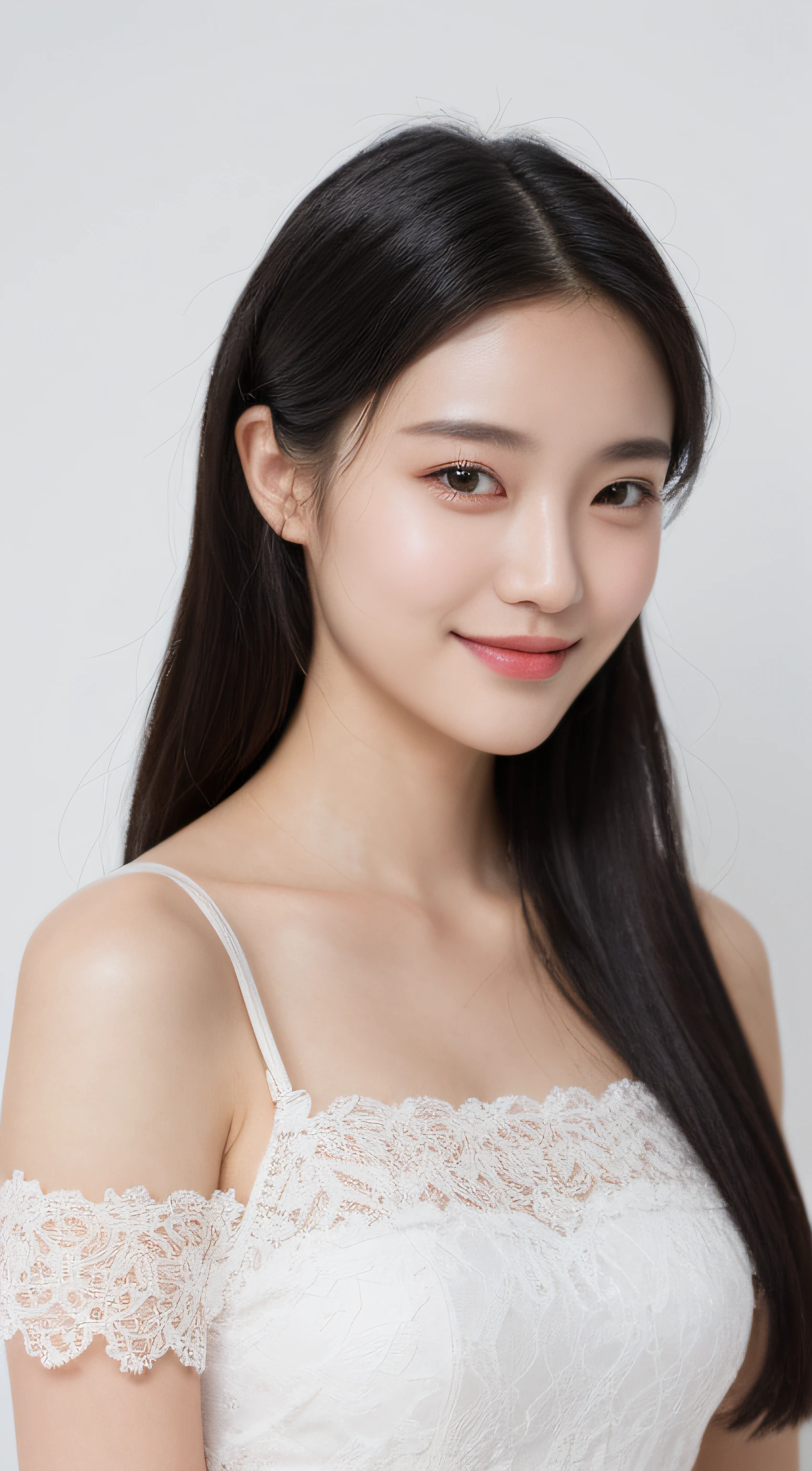 (Best quality, 8K, masterpiece:1.3)) , (one person: 1.4), 1girl, a Korean woman, a goddess, 25 years old, portrait photography, high contrast, God perspective, aperture F1.2, focal length 24mm, ( Full body: 1.2), smile, pose for photos, fine lace, slip dress, simple cut dress, brand dress, simple cut, long black hair, hair tied up, super detailed skin details, detailed fabric texture