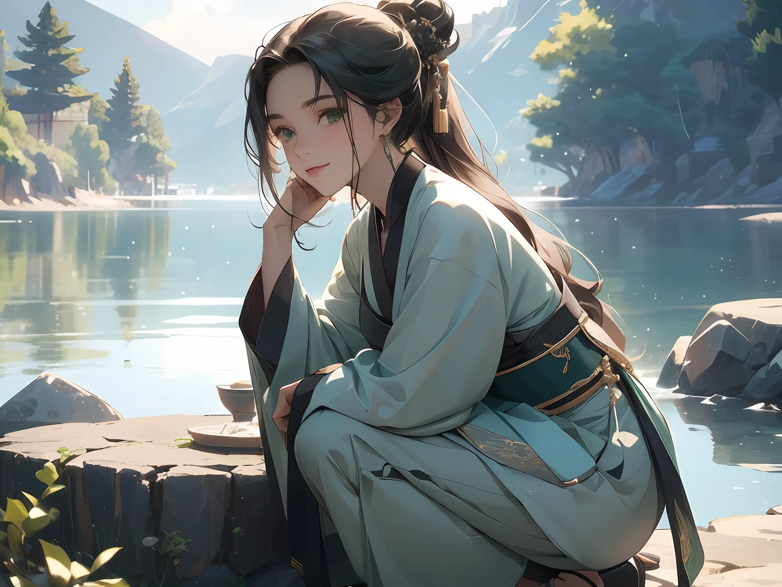 1womanl,16 yaers old,cabelos preto e longos,Nice face,Pale green hanfu,Squat on the rocks by the lake,Look at the smile,closeup cleavage,