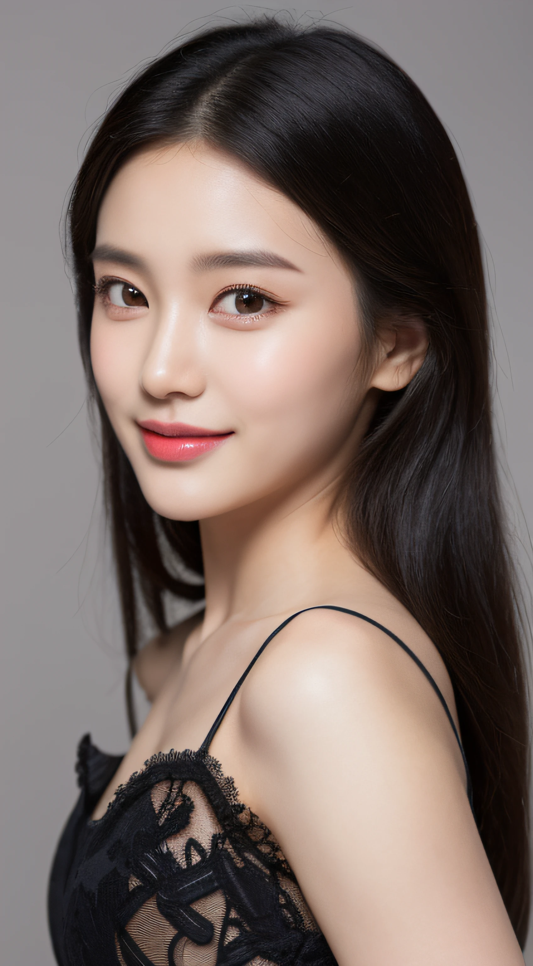 (Best quality, 8K, masterpiece:1.3)) , (one person: 1.4), 1girl, a Korean woman, a goddess, 25 years old, portrait photography, high contrast, God perspective, aperture F1.2, focal length 24mm, ( Full body: 1.2), smile, pose for photos, fine lace, slip dress, simple cut dress, brand dress, simple cut, long black hair, hair tied up, super detailed skin details, detailed fabric texture