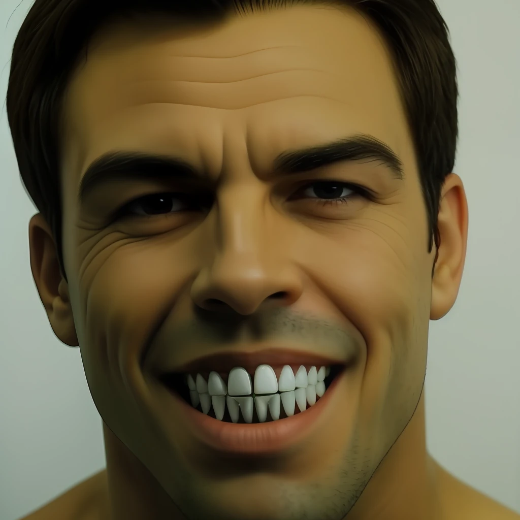 Homem com cara verde, sem orelhas, dentes grandes, terno amarelo e gravata preta