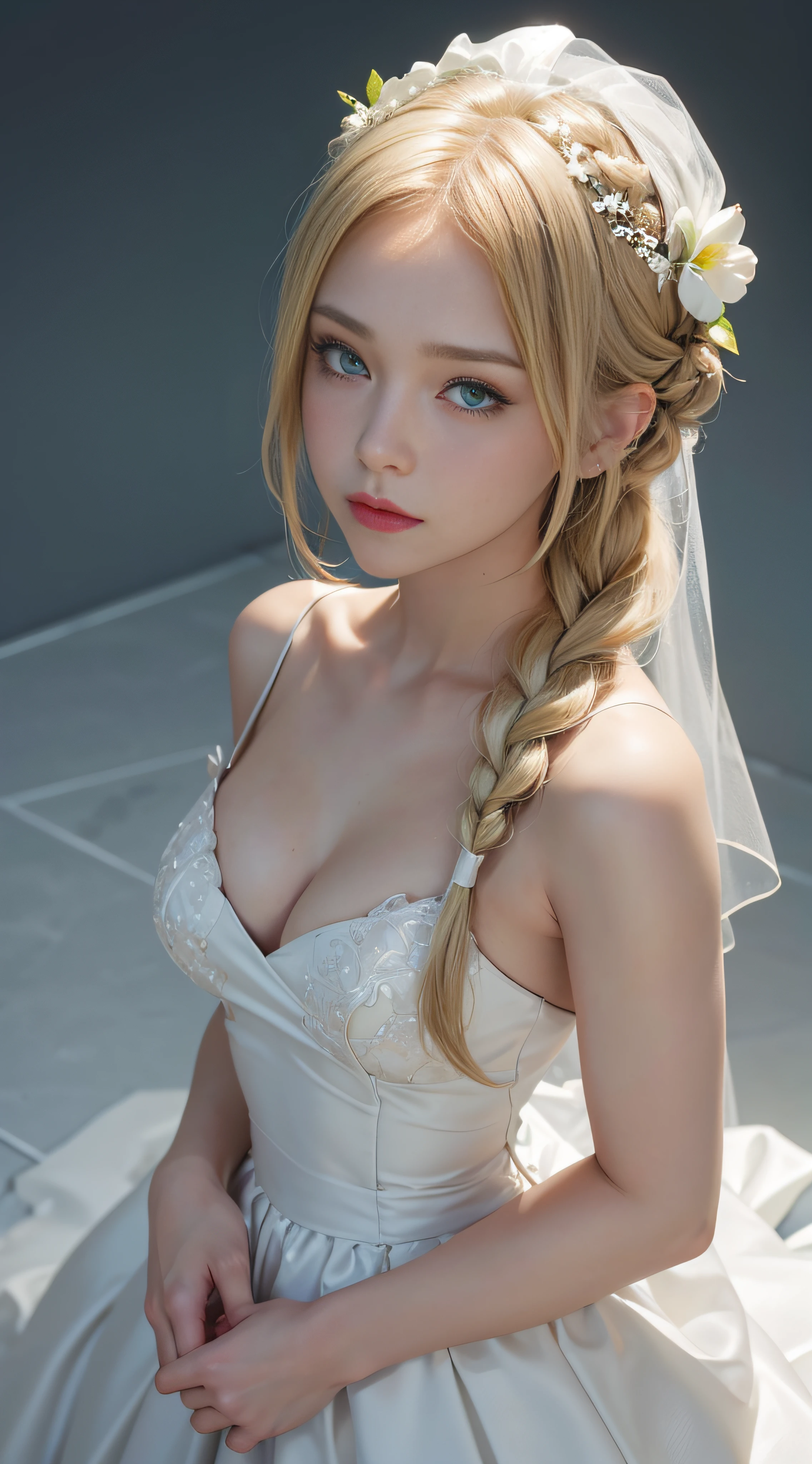 1girl, blonde, green eyes, side braid, white wedding dress, white bridal veil, appears shoulders and head in the photo, (pout, angry, embarrassed,), blush, from front, from above, looking at viewer, upturned eyes, cleavage, masterpiece, top quality, best quality, official art, unity 8k wallpaper, highres, ultra-high res, ultra-detailed, (photorealistic:1.2)