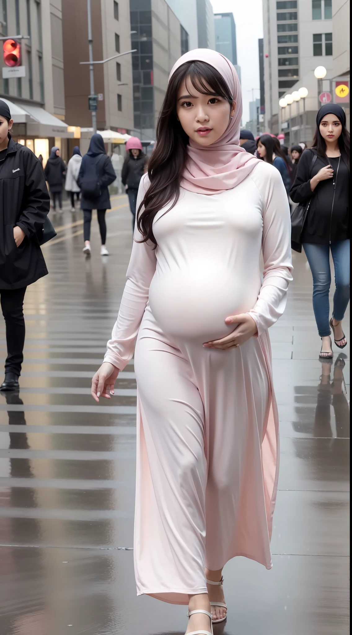 masterpiece, best quality, realistic, photorealistic, highly detailed, highly detailed face, solo, 1  girl, pink_shirt, wearing hijab, wearing makeup, long dress, long curly hair, bangs, walking, urban city, rain,